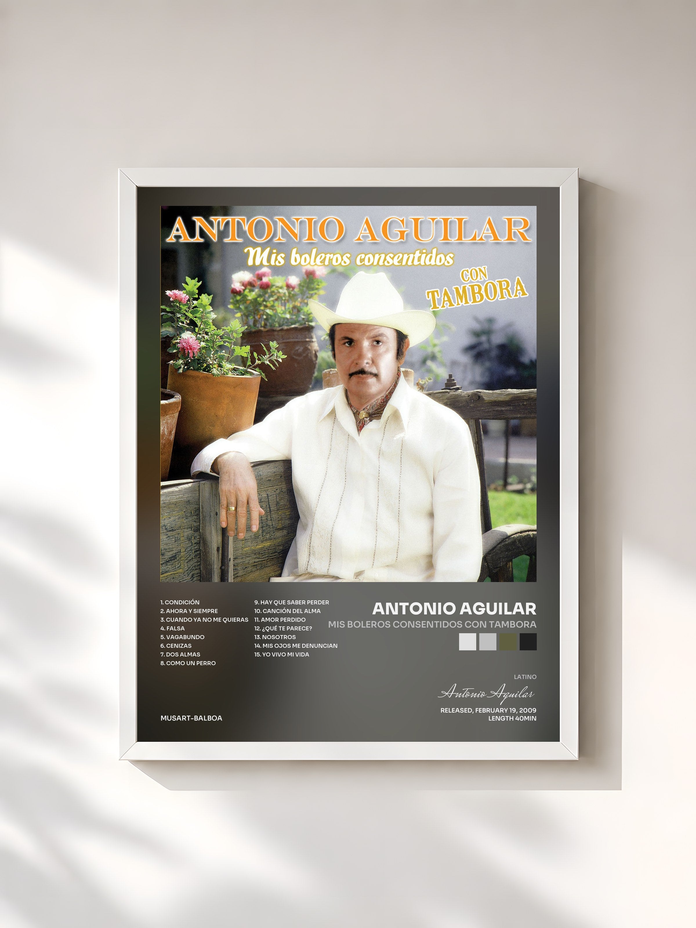 #blanc Tableau de l'album Mis Boleros Consentidos Con Tambora de Antonio Aguilar, cadre blanc, imprimé et encadré en France