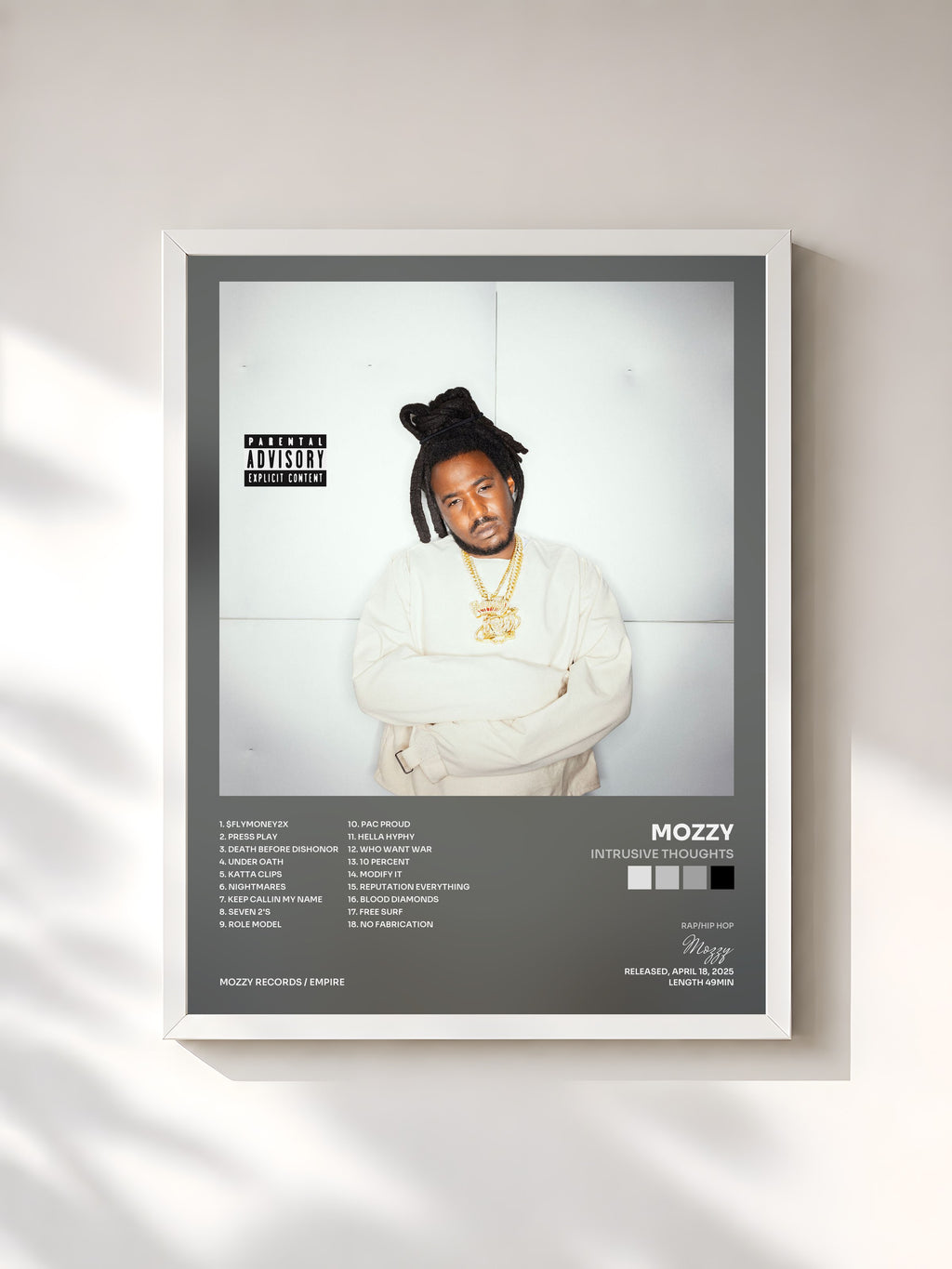 #blanc Tableau de l'album INTRUSIVE THOUGHTS de Mozzy, cadre blanc, imprimé et encadré en France
