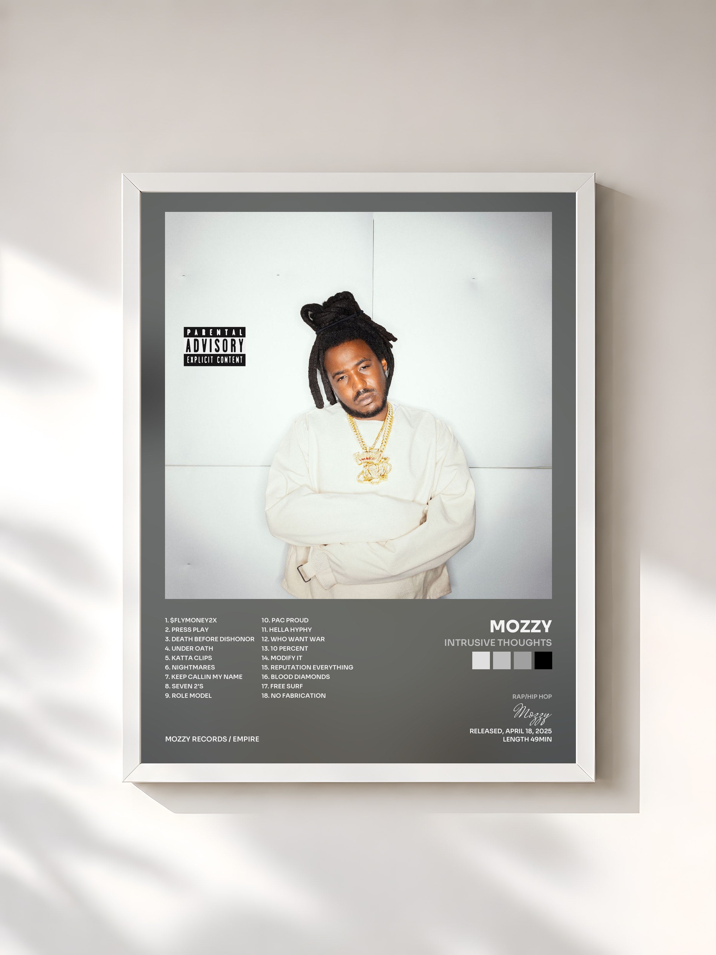 #blanc Tableau de l'album INTRUSIVE THOUGHTS de Mozzy, cadre blanc, imprimé et encadré en France