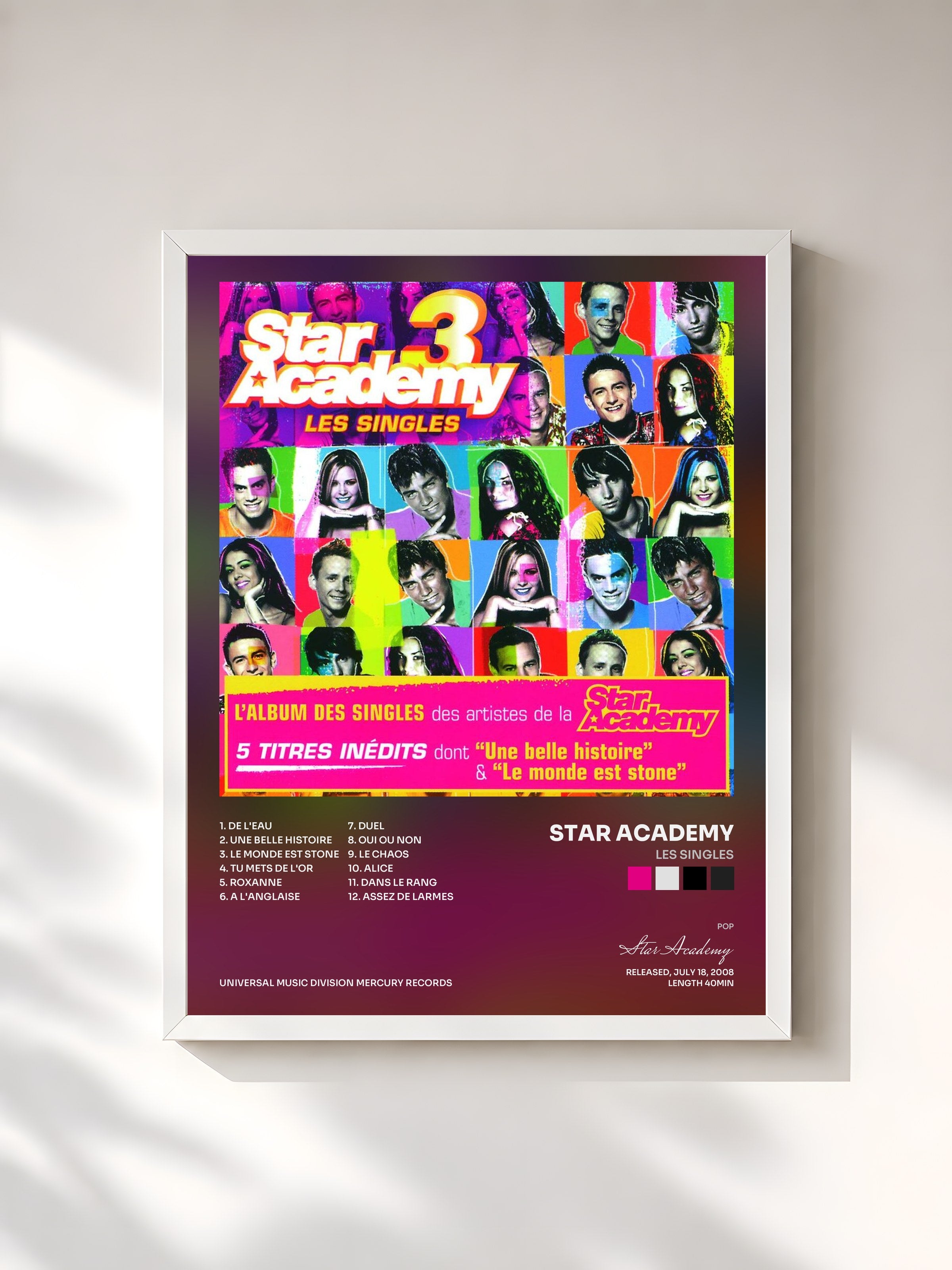 #blanc Tableau de l'album Les Singles de Star Academy, cadre blanc, imprimé et encadré en France