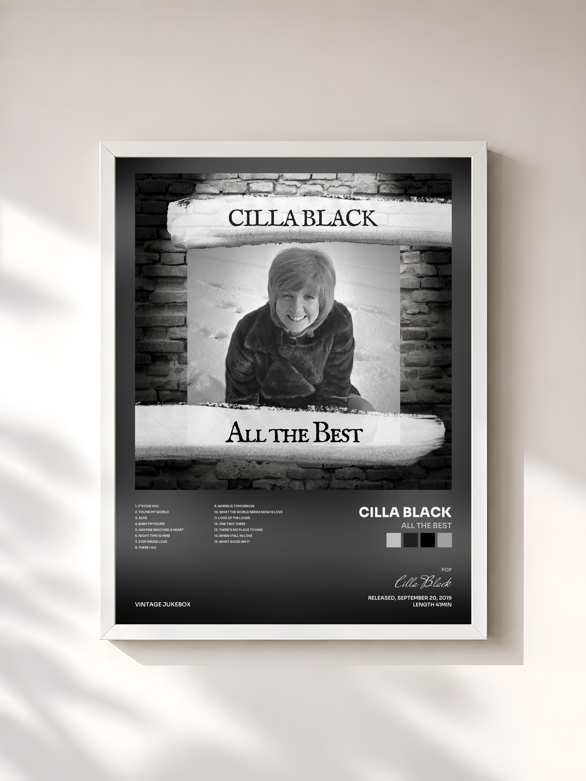 #blanc Tableau de l'album All The Best de Cilla Black, cadre blanc, imprimé et encadré en France