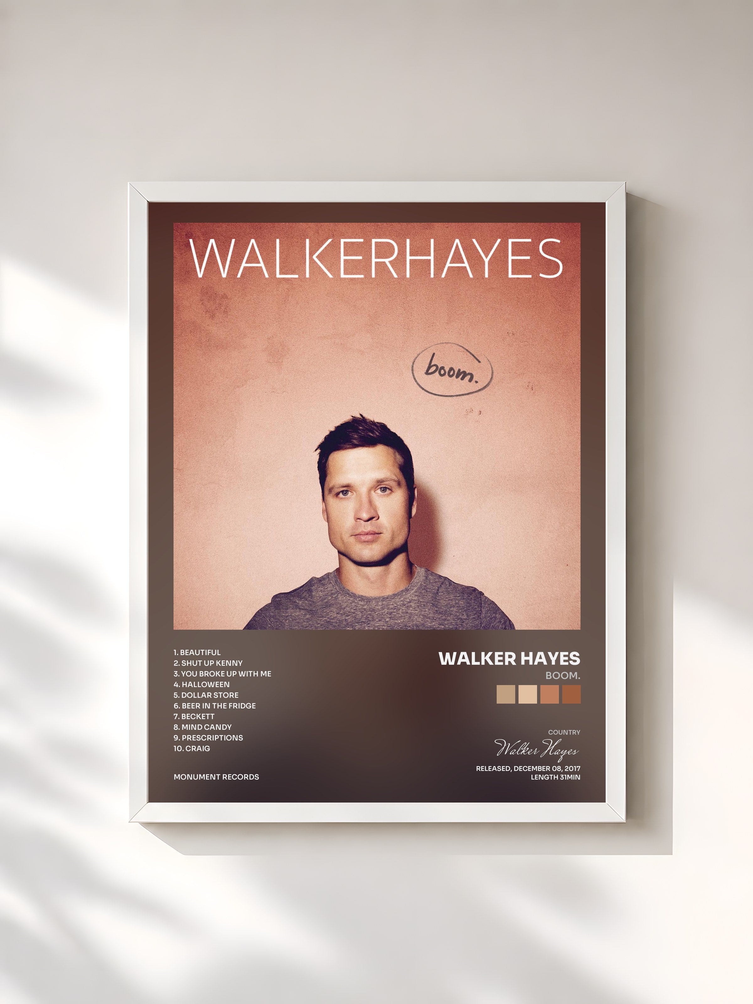 #blanc Tableau de l'album boom. de Walker Hayes, cadre blanc, imprimé et encadré en France