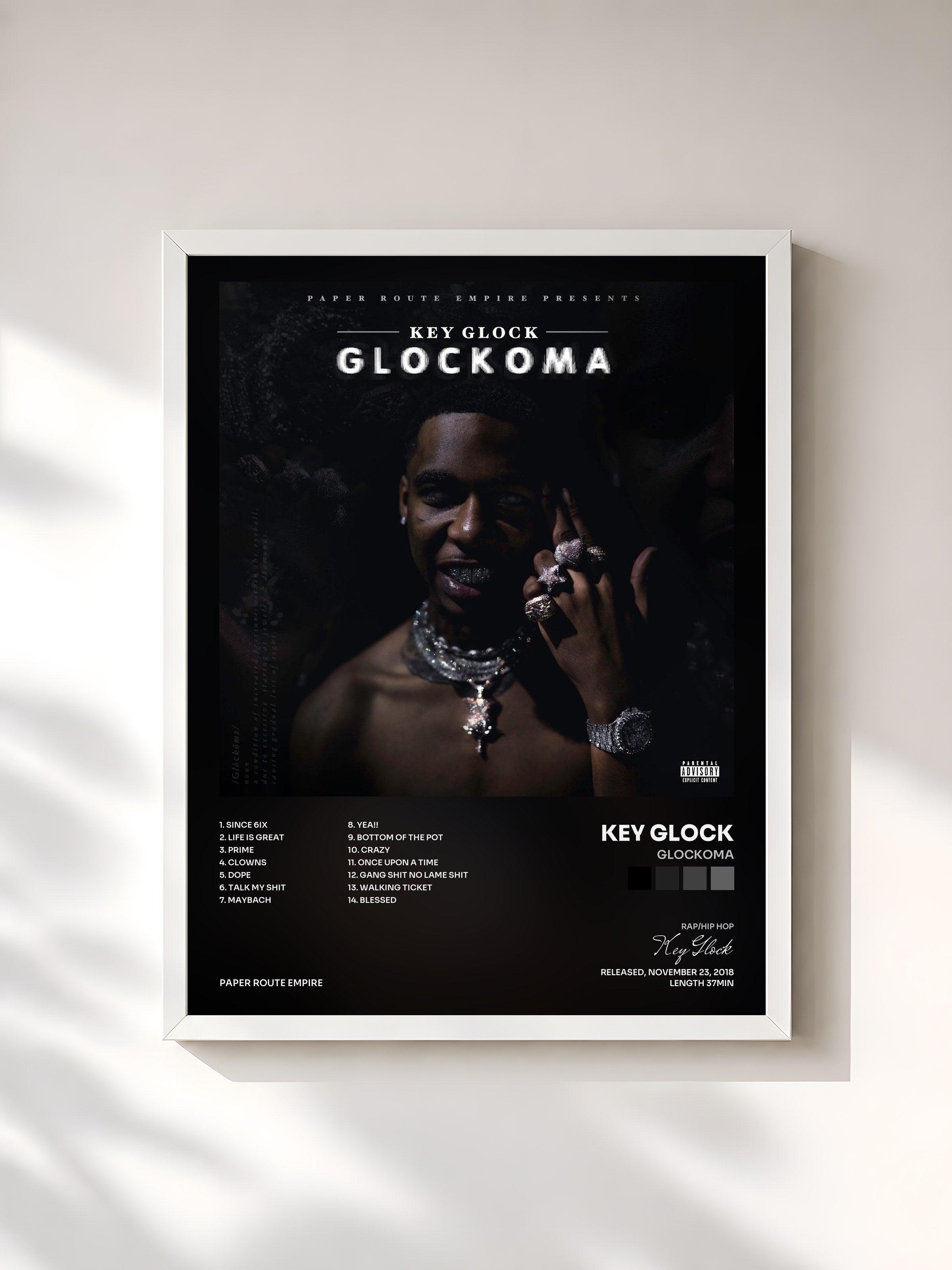 #blanc Tableau de l'album Glockoma de Key Glock, cadre blanc, imprimé et encadré en France