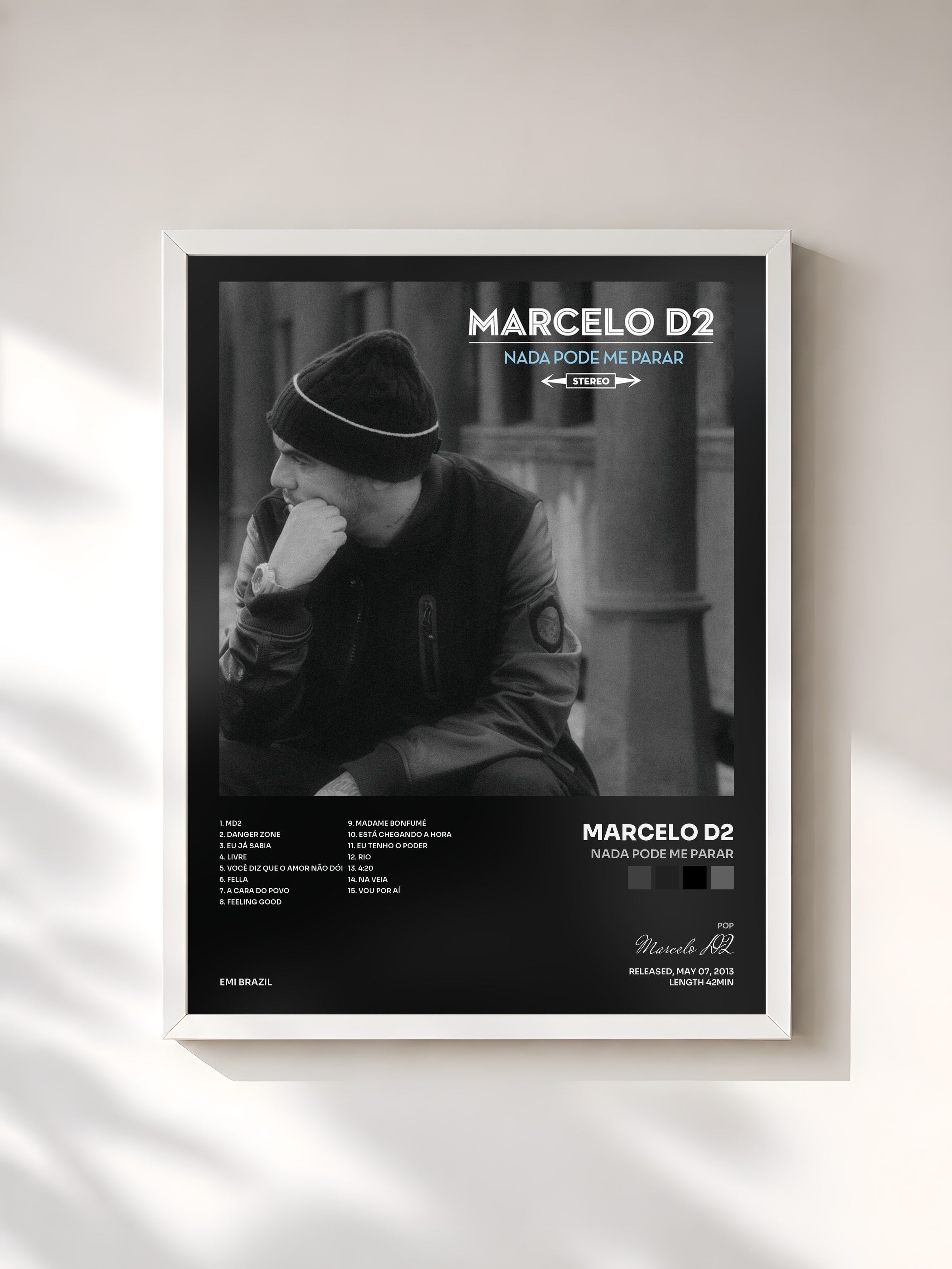 #blanc Tableau de l'album Nada Pode Me Parar de Marcelo D2, cadre blanc, imprimé et encadré en France