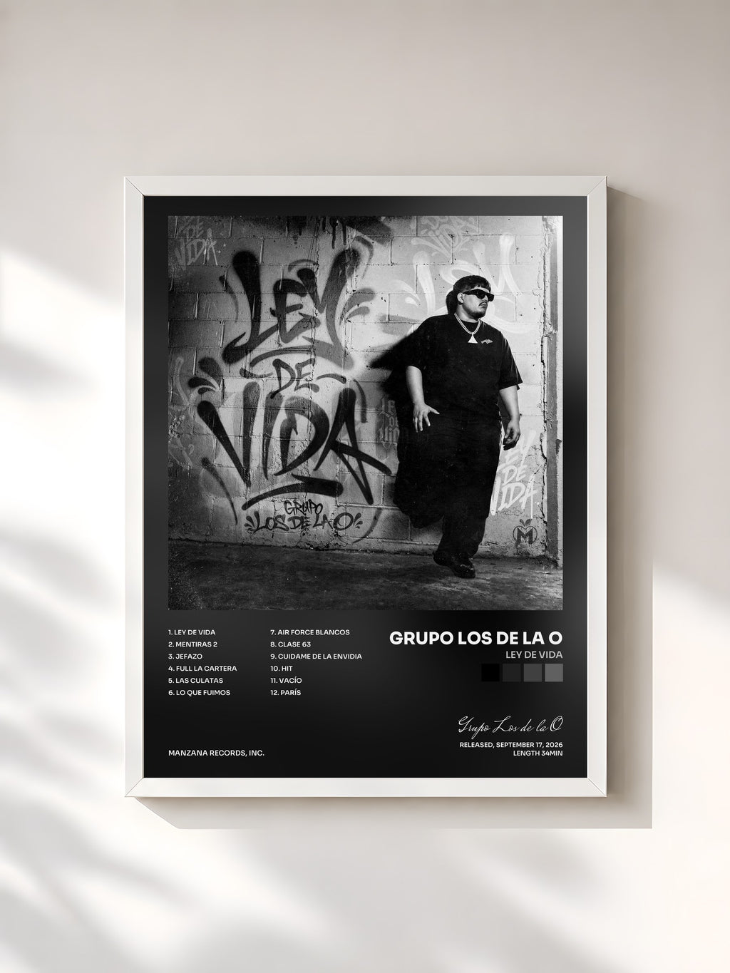 #blanc Tableau de l'album LEY DE VIDA de Grupo Los de la O, cadre blanc, imprimé et encadré en France
