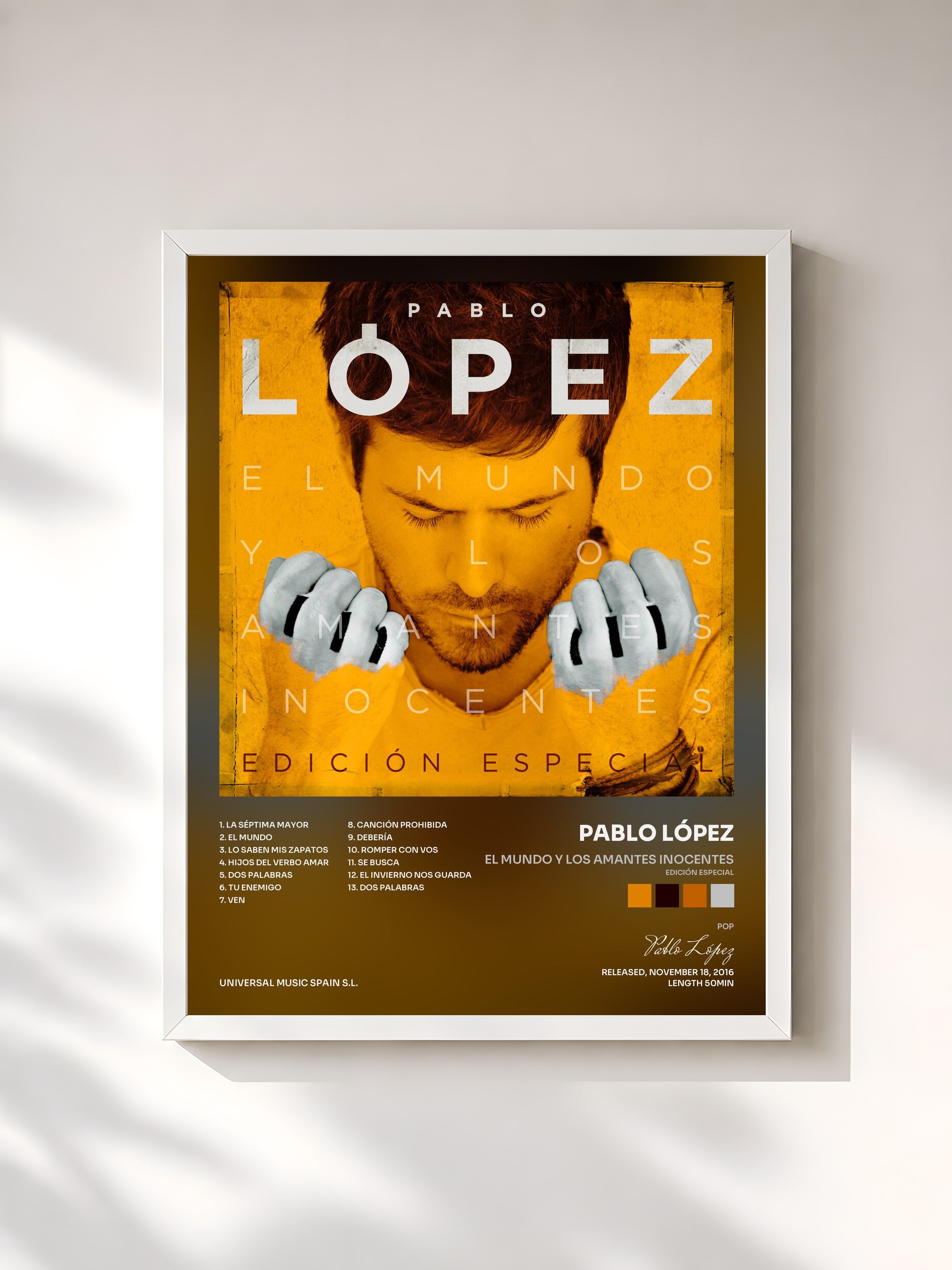 #blanc Tableau de l'album El Mundo Y Los Amantes Inocentes (Edición Especial) de Pablo López, cadre blanc, imprimé et encadré en France