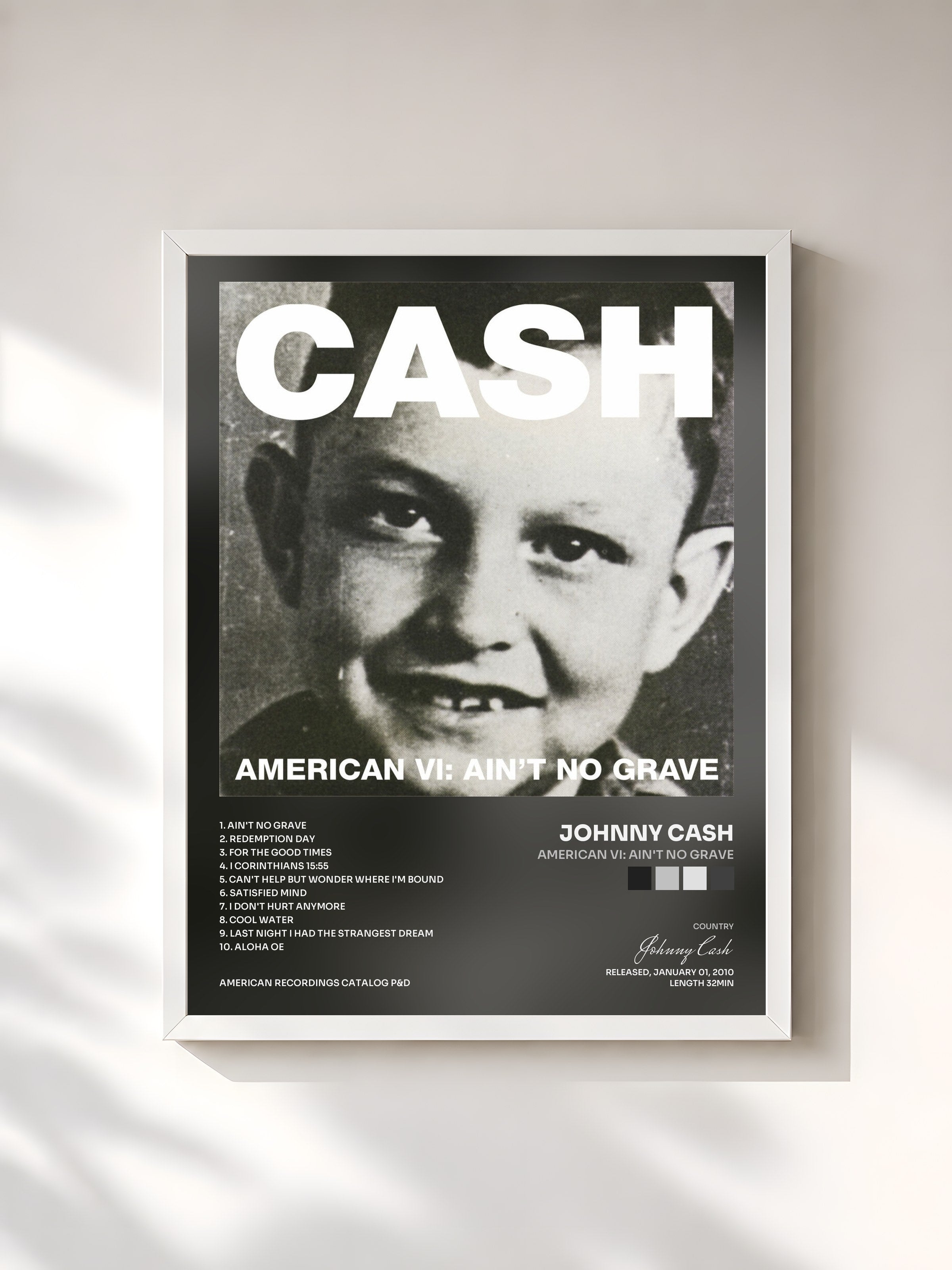 #blanc Tableau de l'album American VI: Ain't No Grave de Johnny Cash, cadre blanc, imprimé et encadré en France