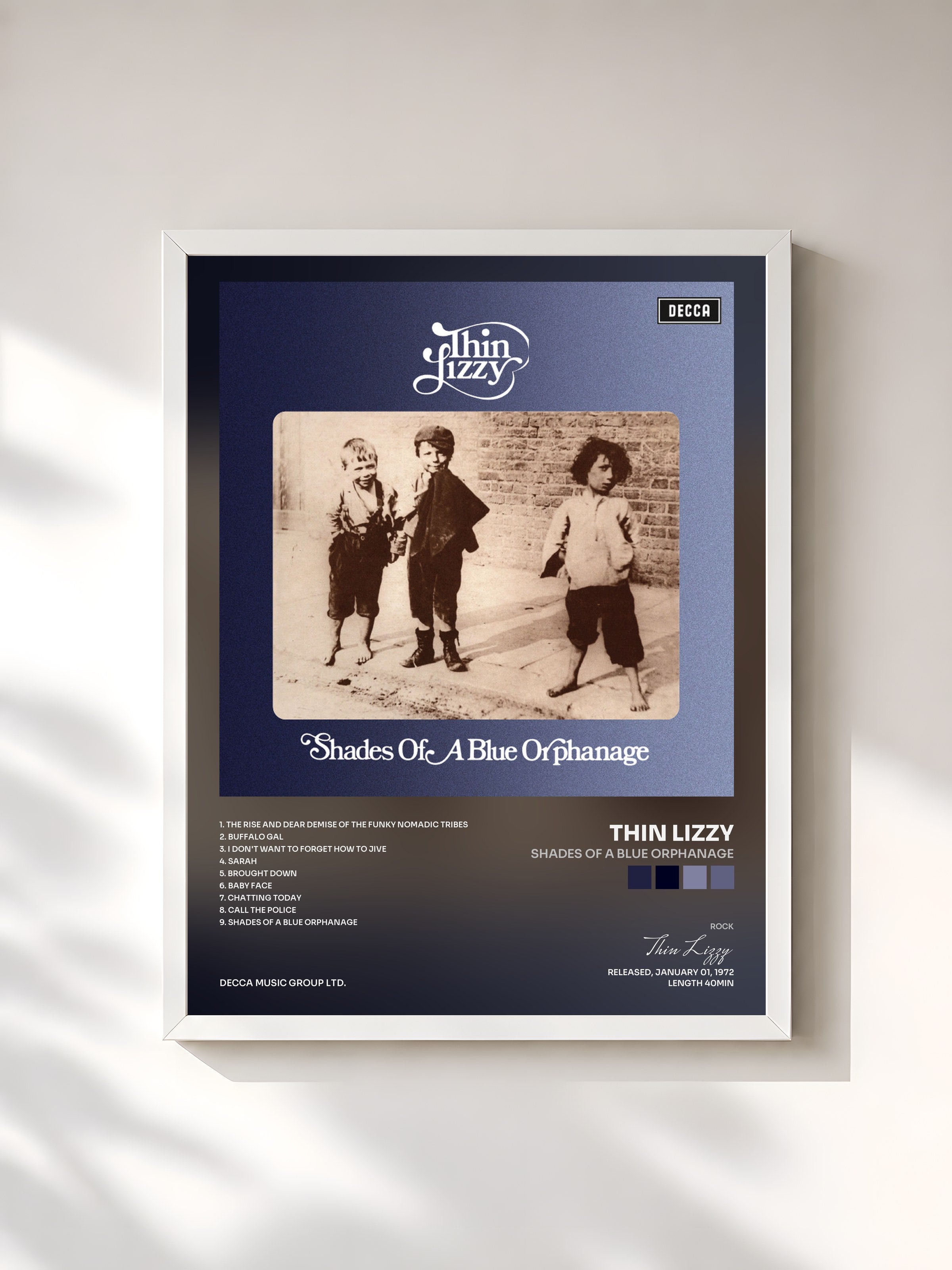 #blanc Tableau de l'album Shades Of A Blue Orphanage de Thin Lizzy, cadre blanc, imprimé et encadré en France