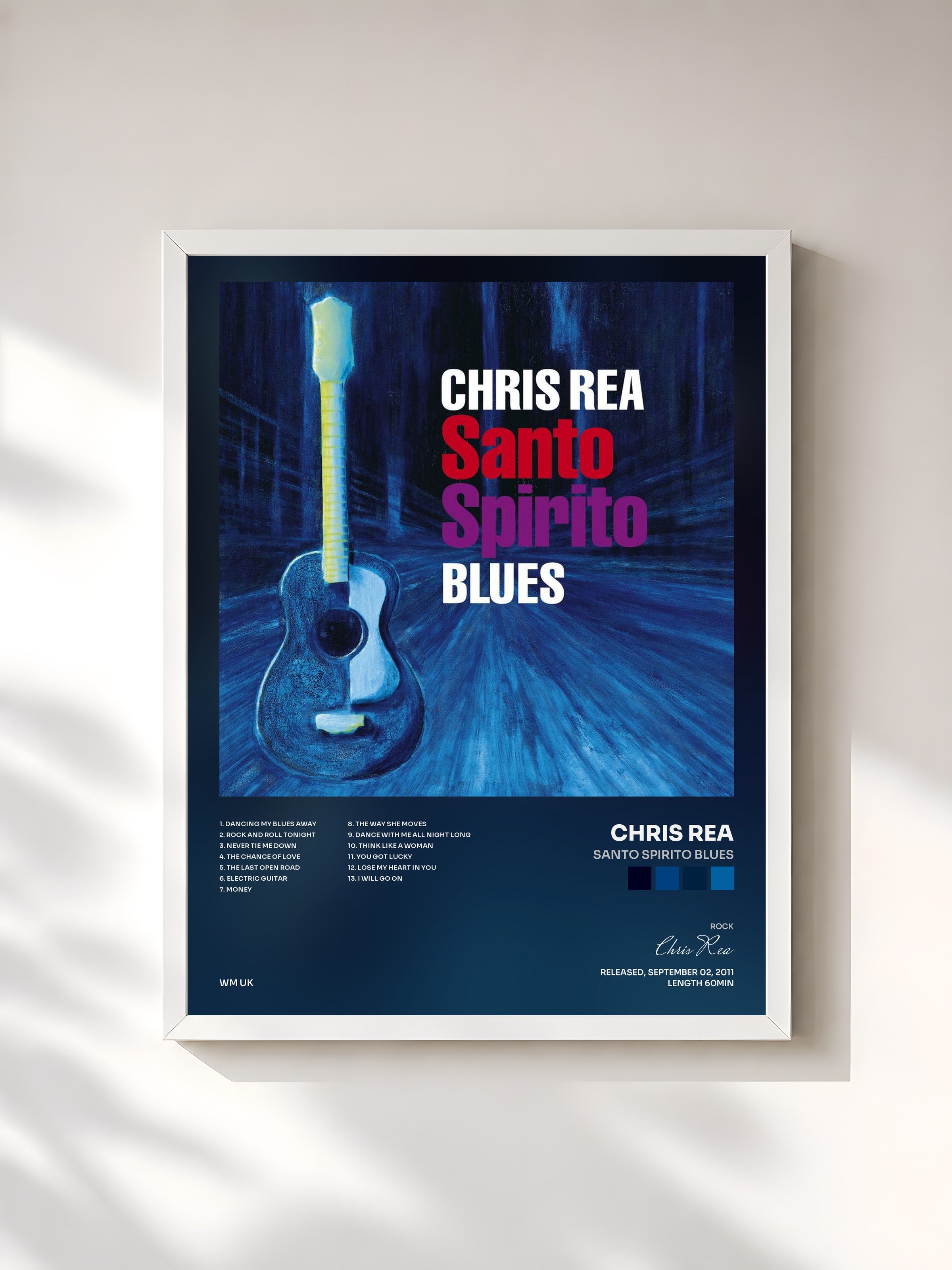 #blanc Tableau de l'album Santo Spirito Blues de Chris Rea, cadre blanc, imprimé et encadré en France