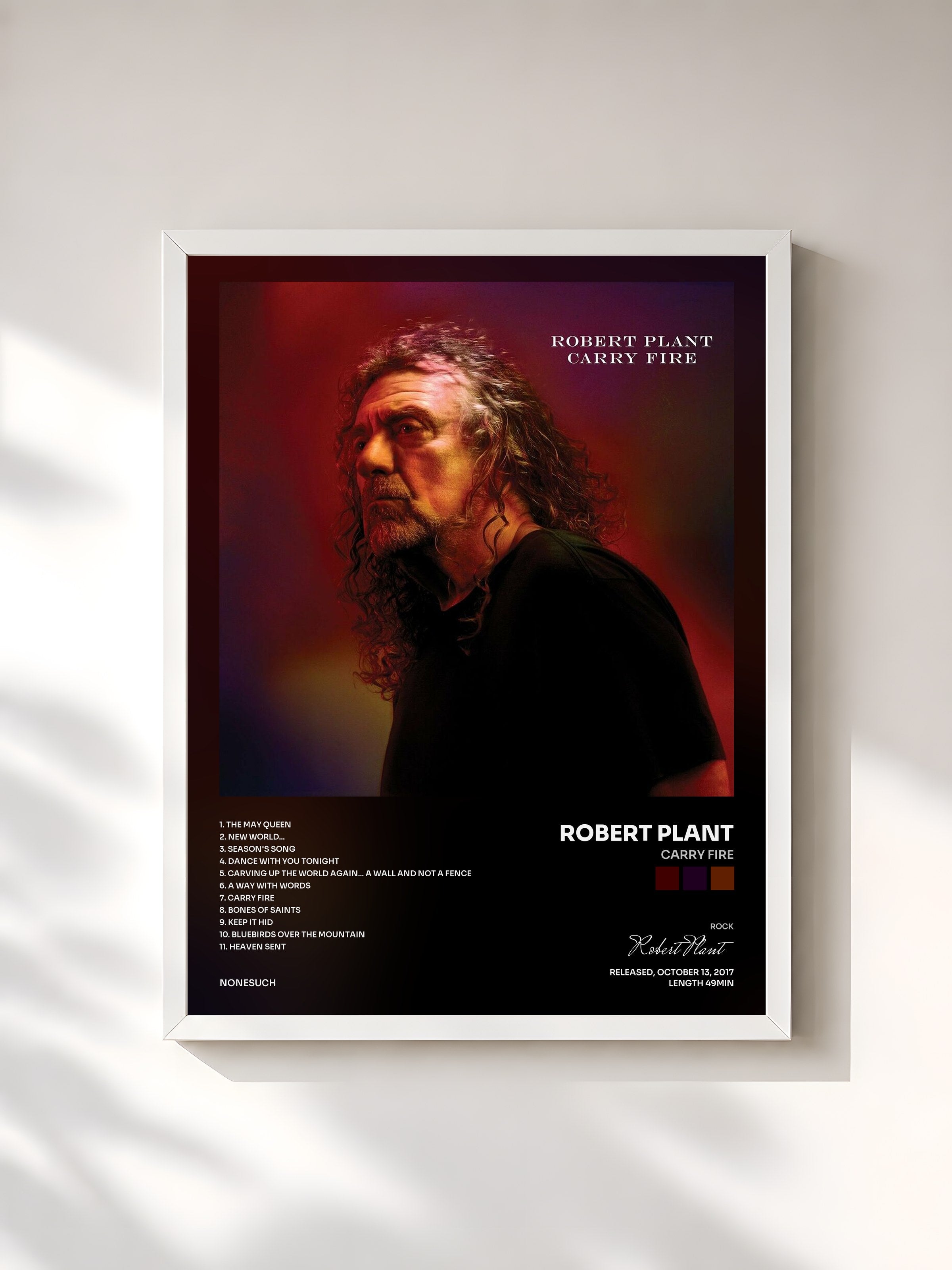 #blanc Tableau de l'album Carry Fire de Robert Plant, cadre blanc, imprimé et encadré en France