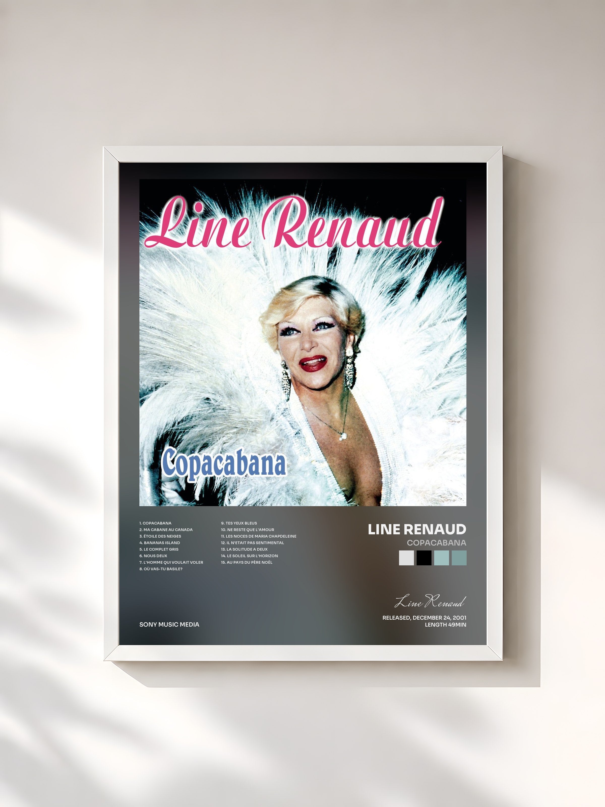 #blanc Tableau de l'album Copacabana de Line Renaud, cadre blanc, imprimé et encadré en France