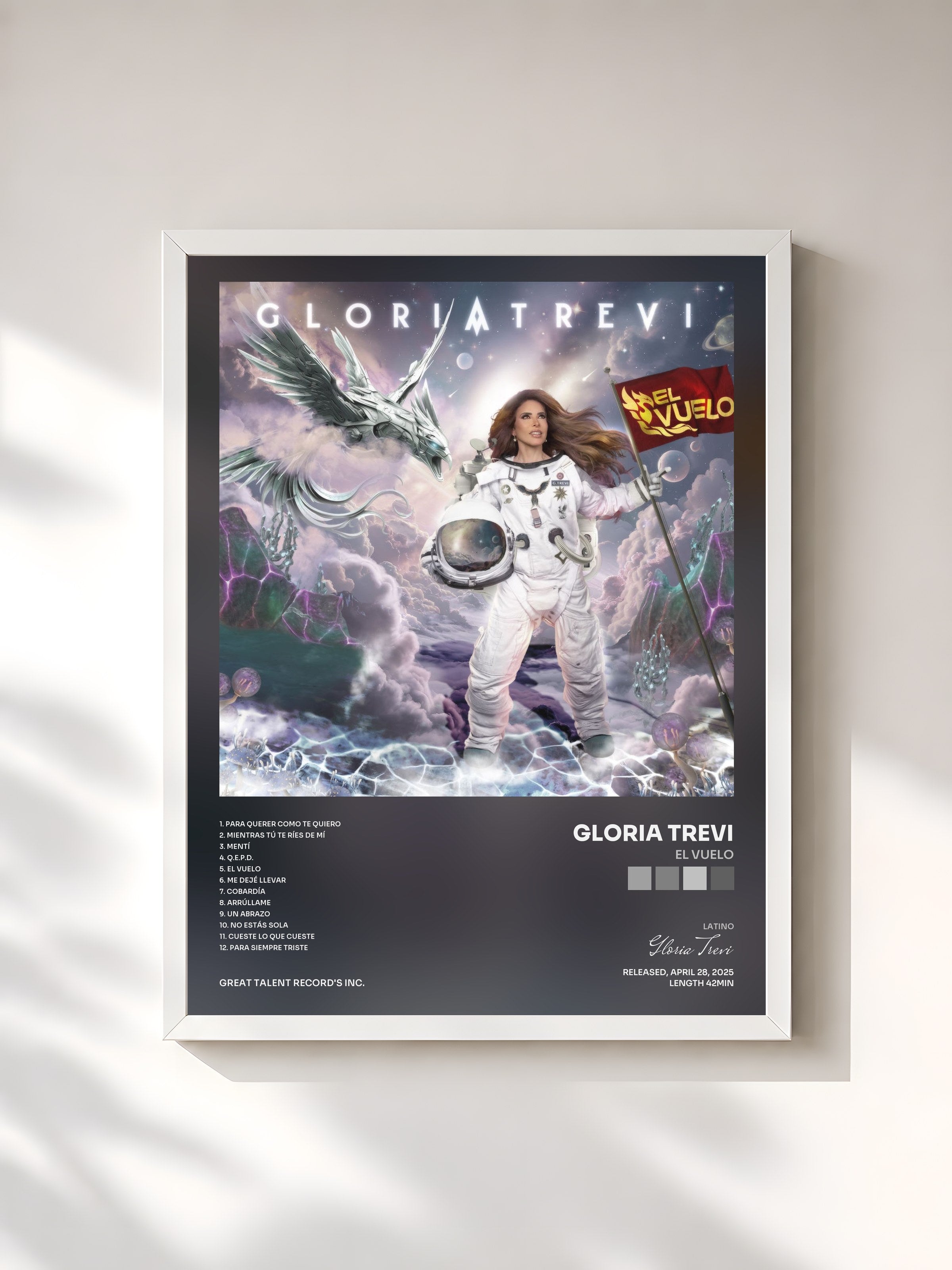 #blanc Tableau de l'album EL VUELO de Gloria Trevi, cadre blanc, imprimé et encadré en France