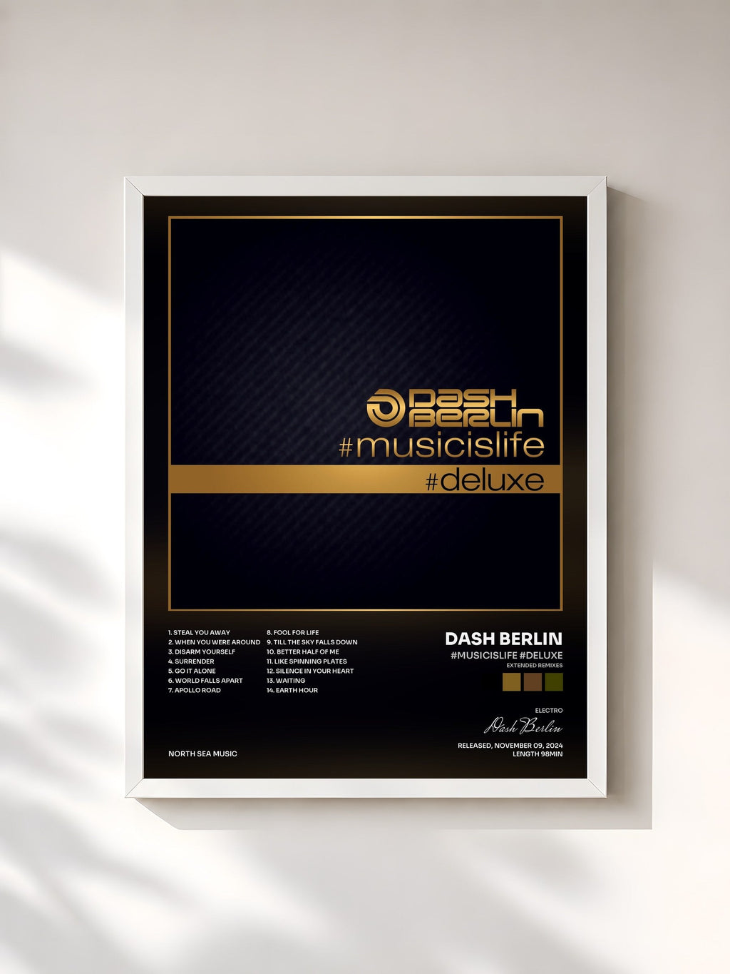 #blanc Tableau de l'album #musicislife #deluxe (Extended Remixes) de Dash Berlin, cadre blanc, imprimé et encadré en France