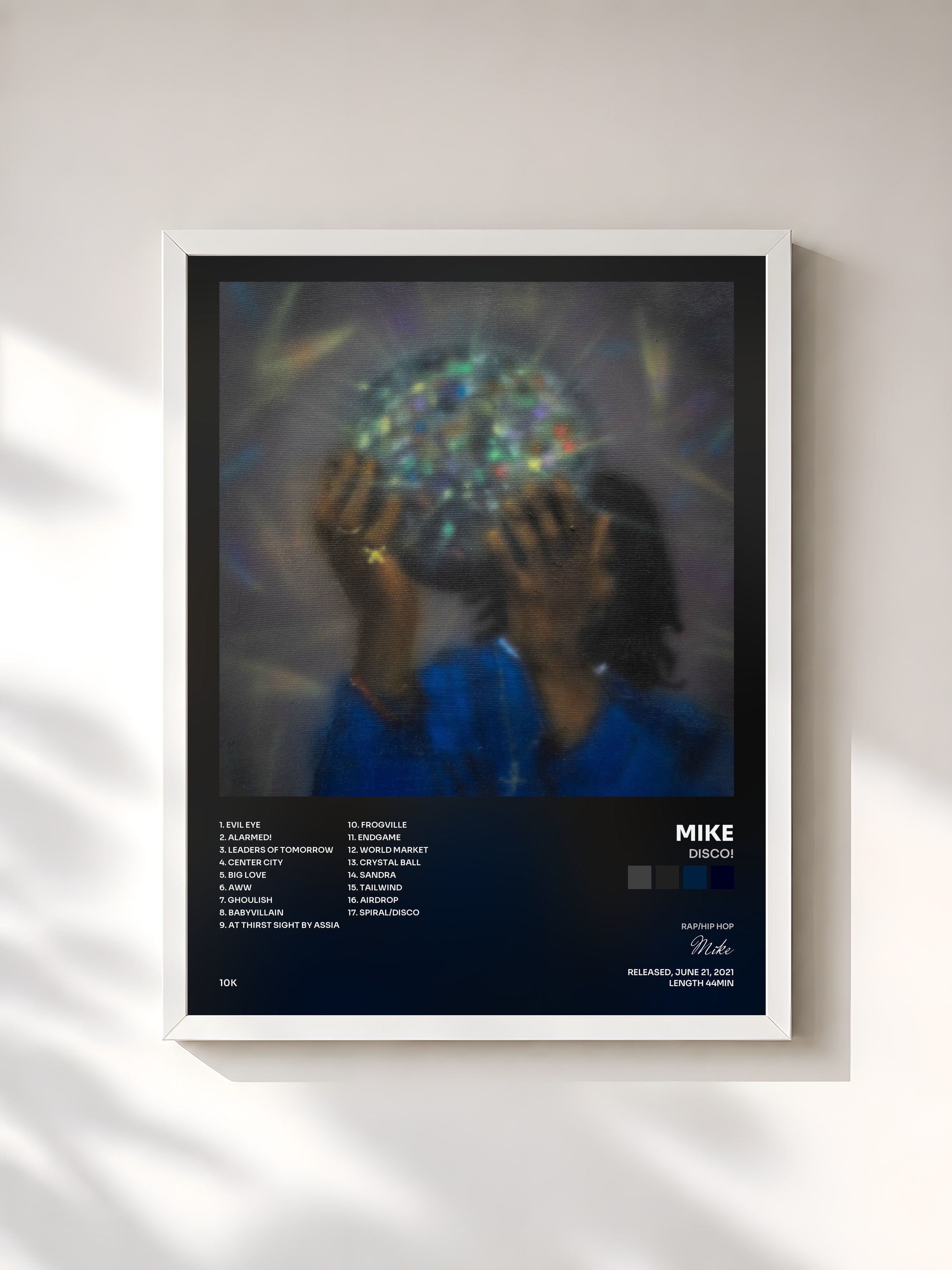 #blanc Tableau de l'album Disco! de Mike, cadre blanc, imprimé et encadré en France