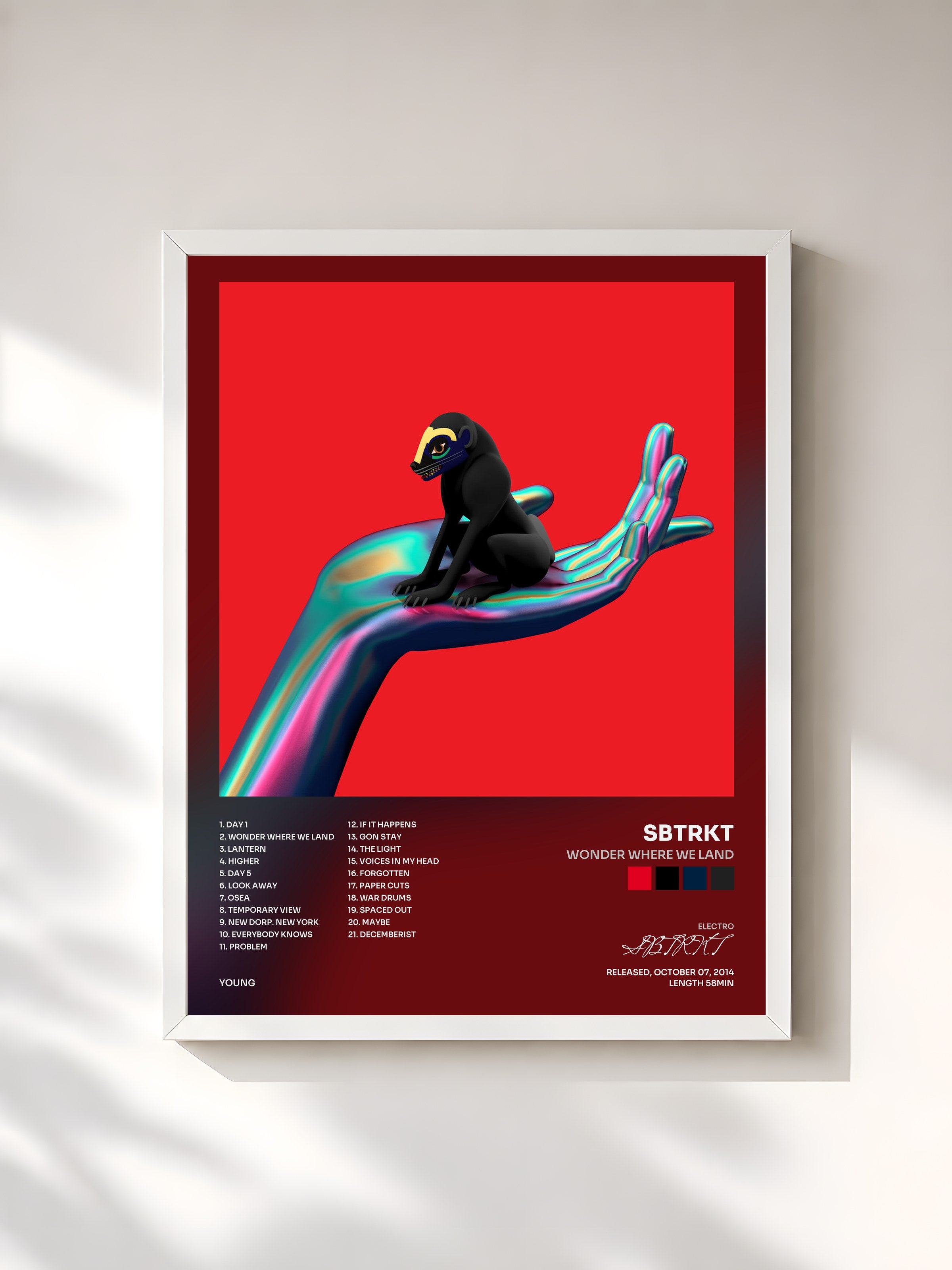 #blanc Tableau de l'album Wonder Where We Land de SBTRKT, cadre blanc, imprimé et encadré en France