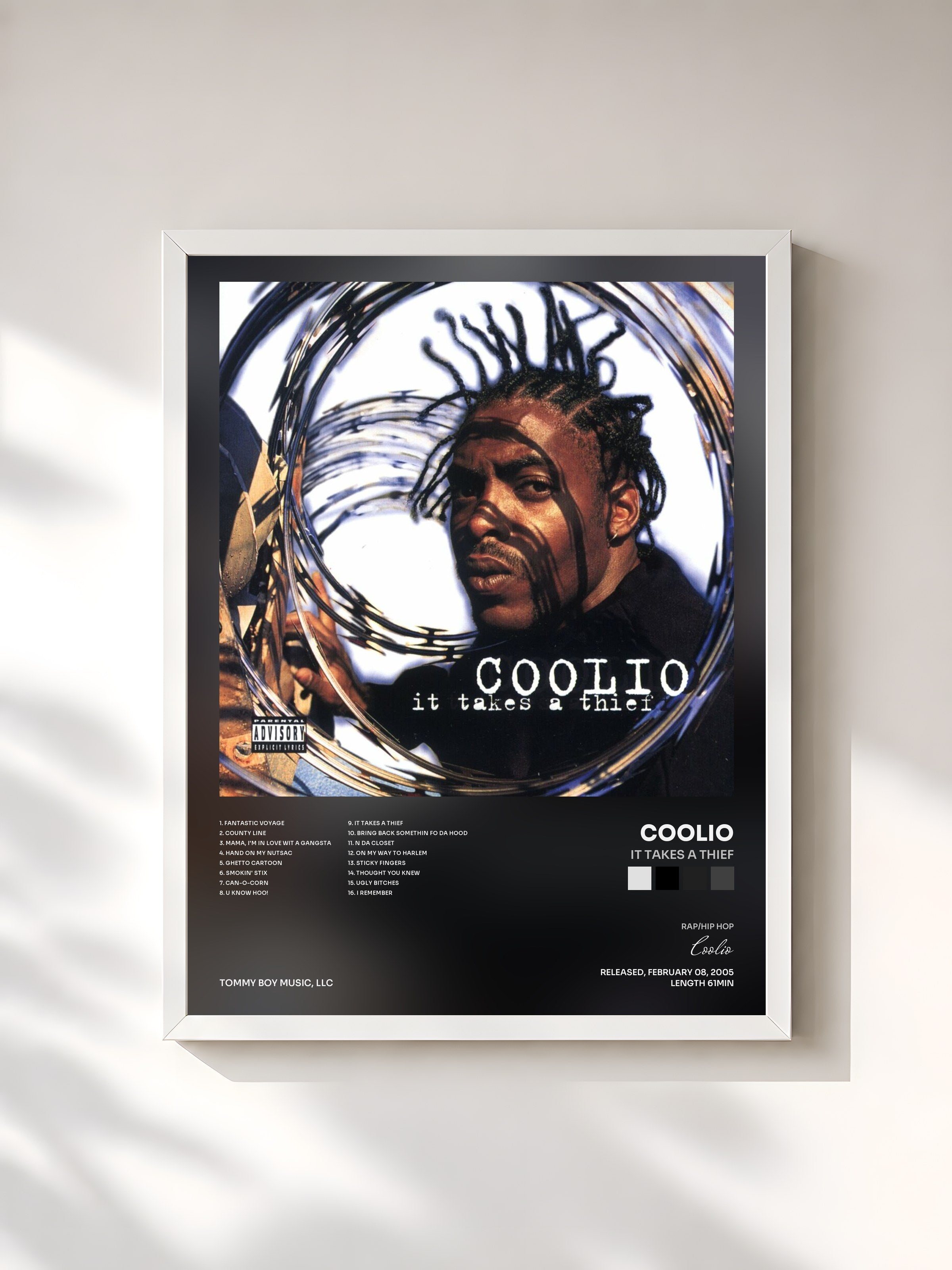 #blanc Tableau de l'album It Takes a Thief de Coolio, cadre blanc, imprimé et encadré en France