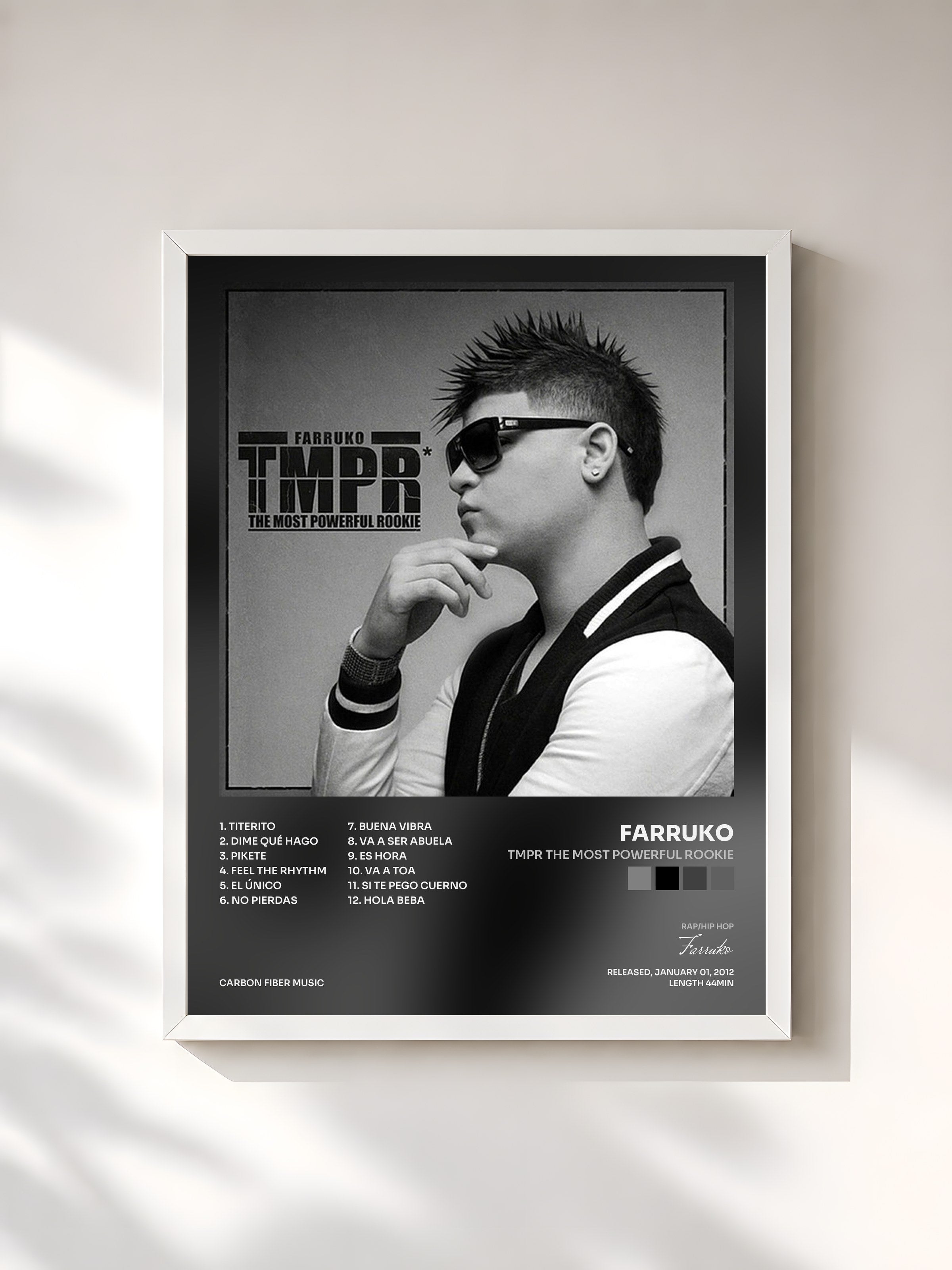 #blanc Tableau de l'album TMPR The Most Powerful Rookie de Farruko, cadre blanc, imprimé et encadré en France