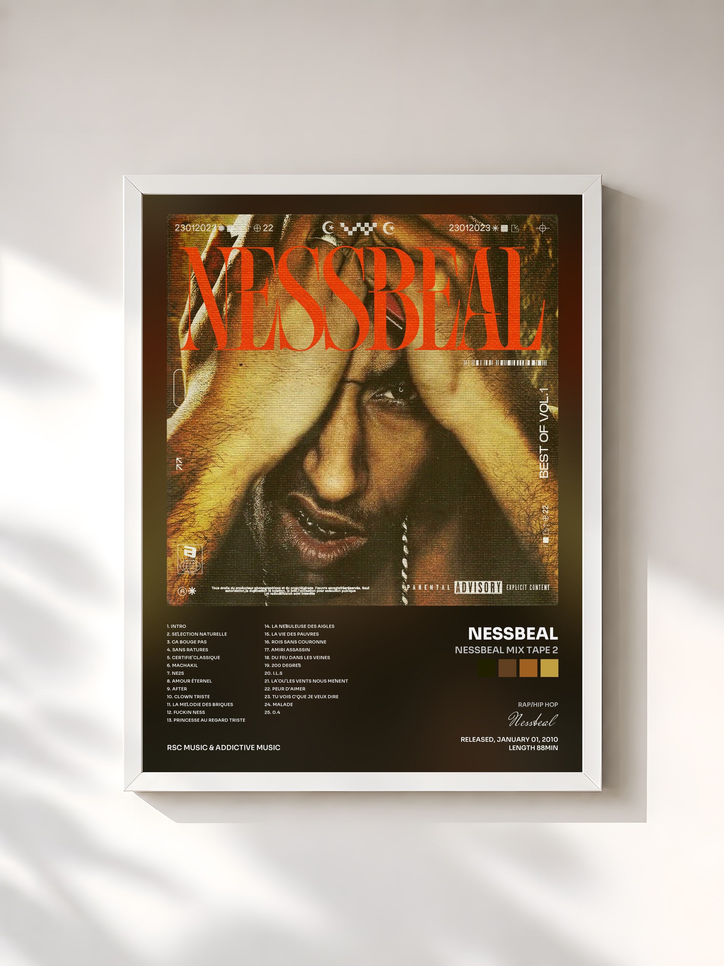 #blanc Tableau de l'album Nessbeal Mix tape 2 de Nessbeal, cadre blanc, imprimé et encadré en France