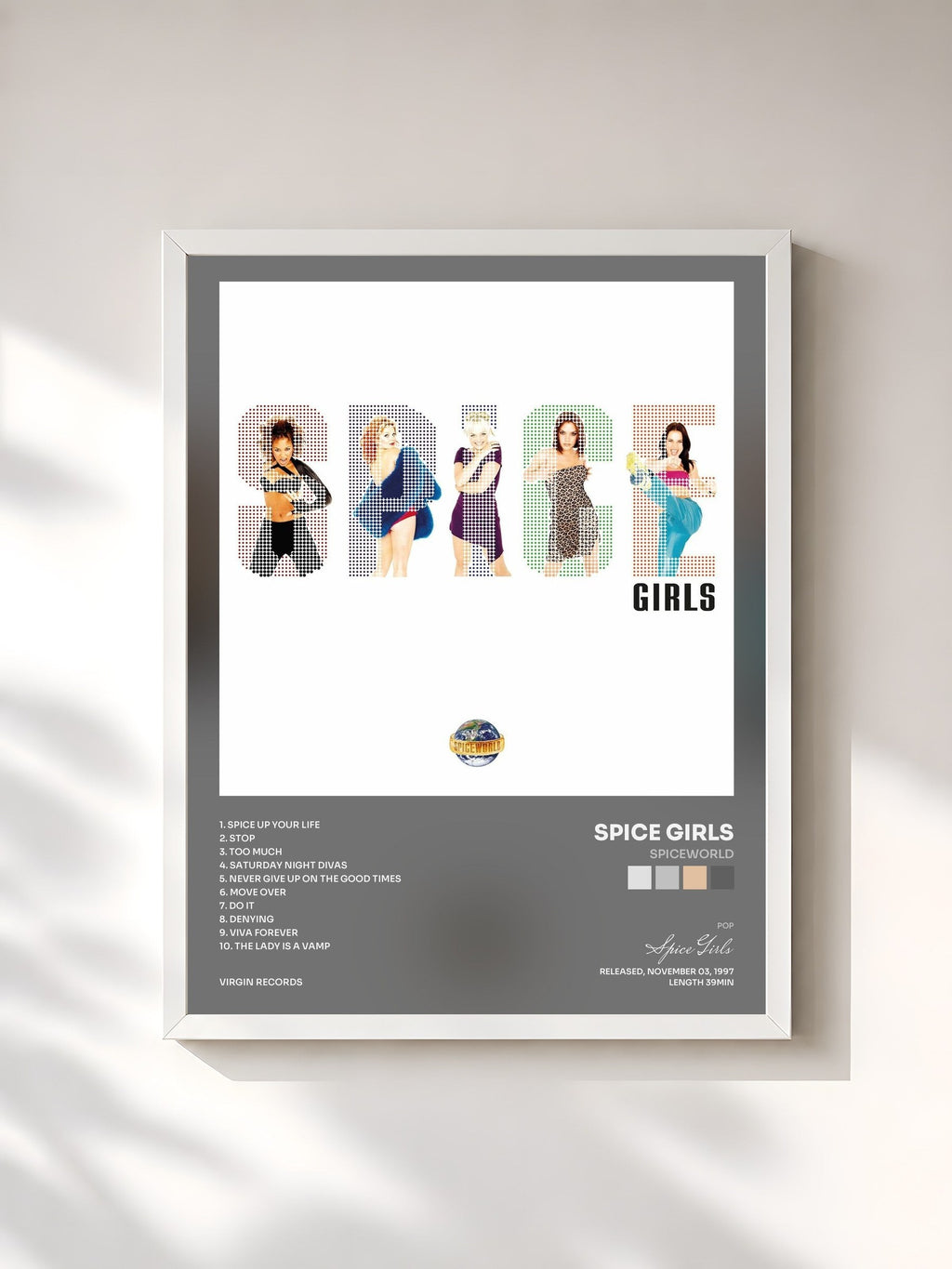 #blanc Spiceworld by Spice Girls as a framed art print, white frame, printed and framed in France