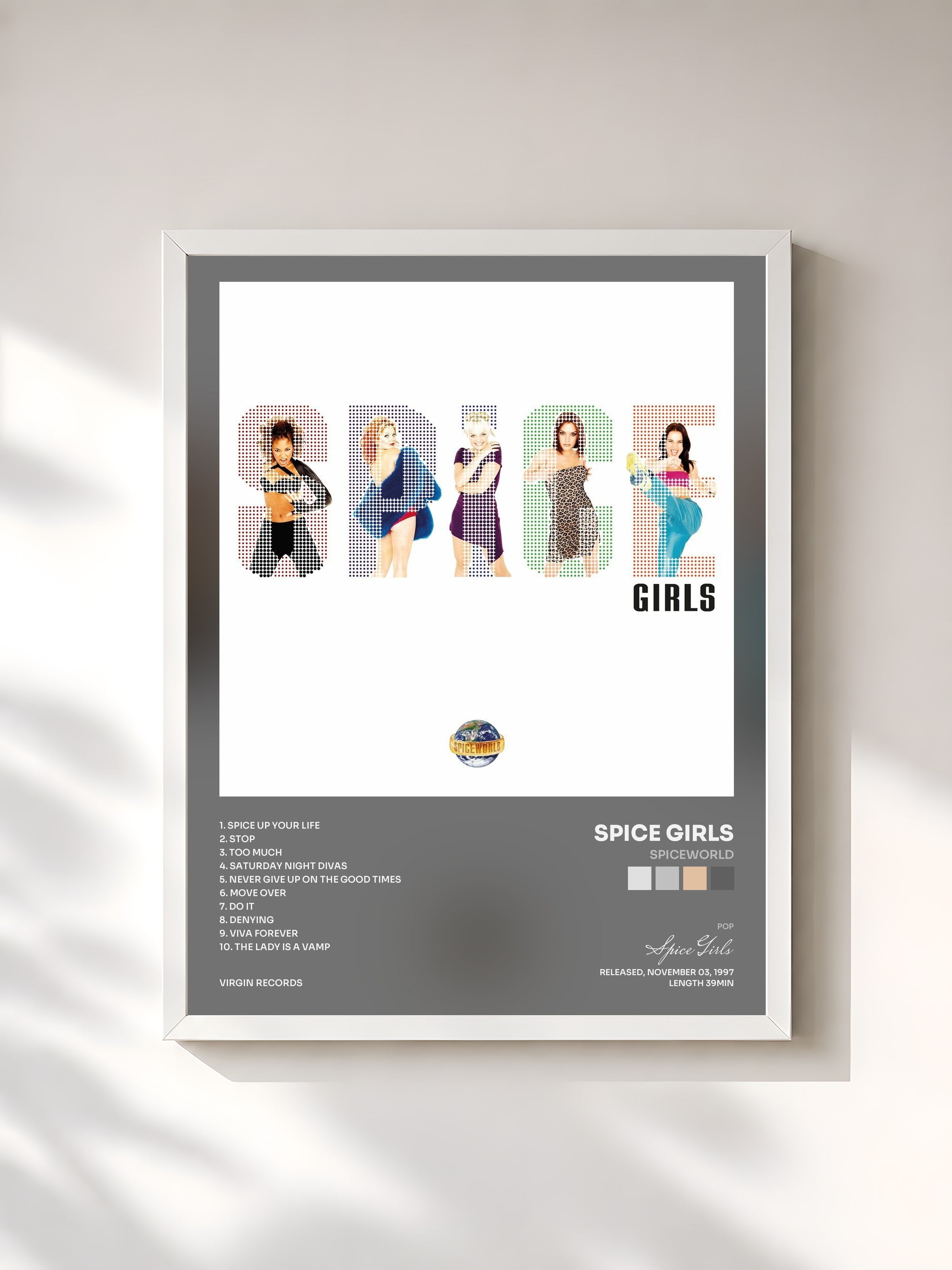 #blanc Tableau de l'album Spiceworld de Spice Girls, cadre blanc, imprimé et encadré en France