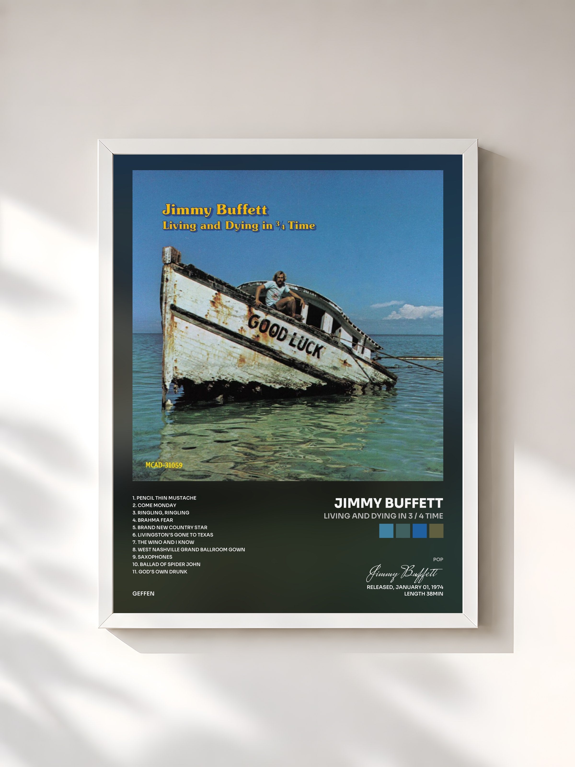 #blanc Tableau de l'album Living And Dying In 3 / 4 Time de Jimmy Buffett, cadre blanc, imprimé et encadré en France