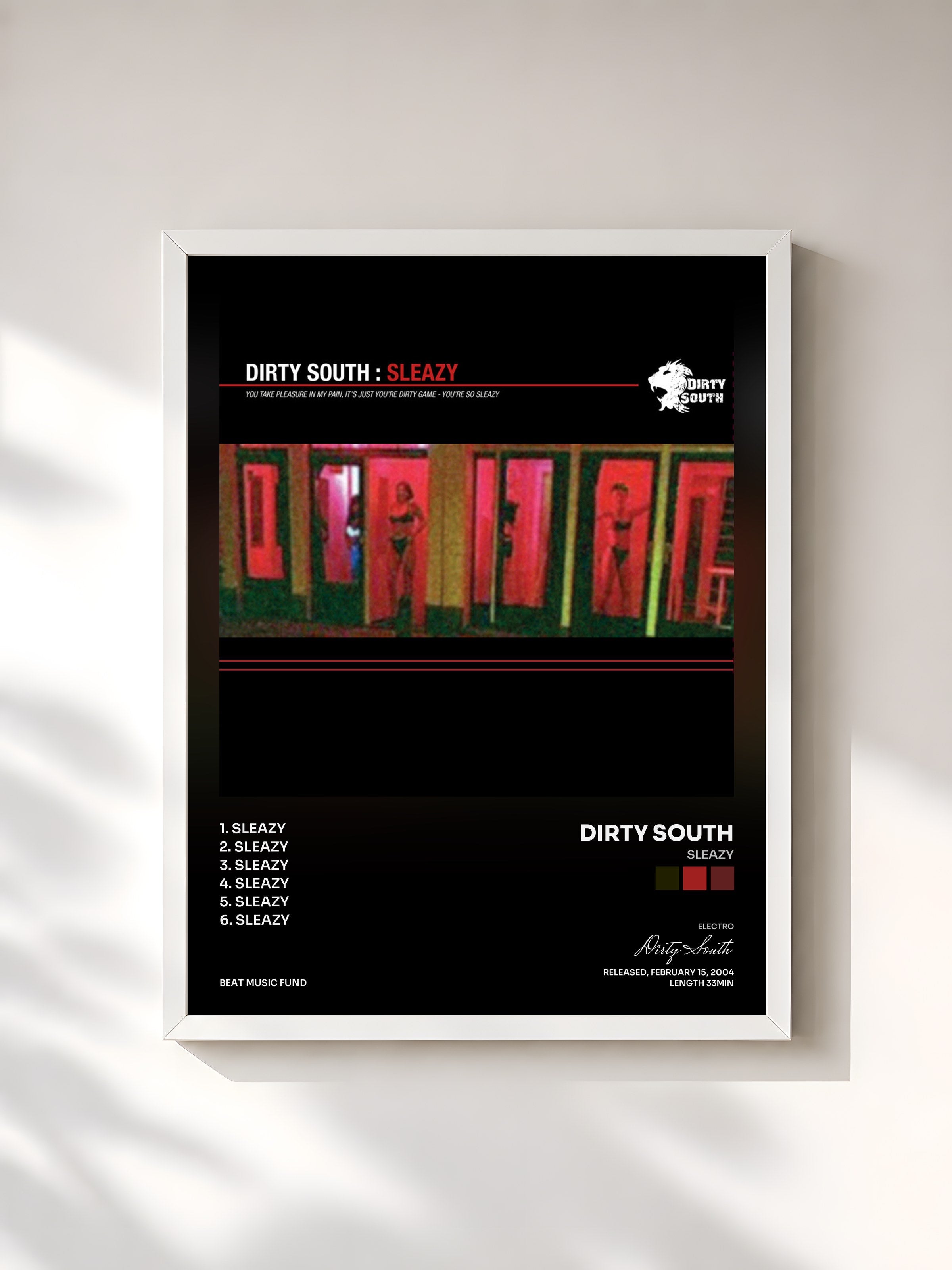 #blanc Tableau de l'album Sleazy de Dirty South, cadre blanc, imprimé et encadré en France