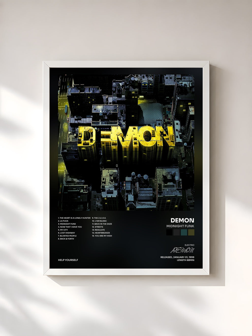 #blanc Tableau de l'album Midnight Funk de DEMON, cadre blanc, imprimé et encadré en France