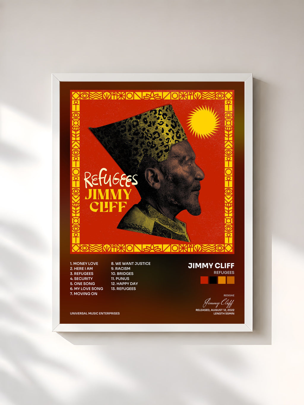 #blanc Tableau de l'album Refugees de Jimmy Cliff, cadre blanc, imprimé et encadré en France