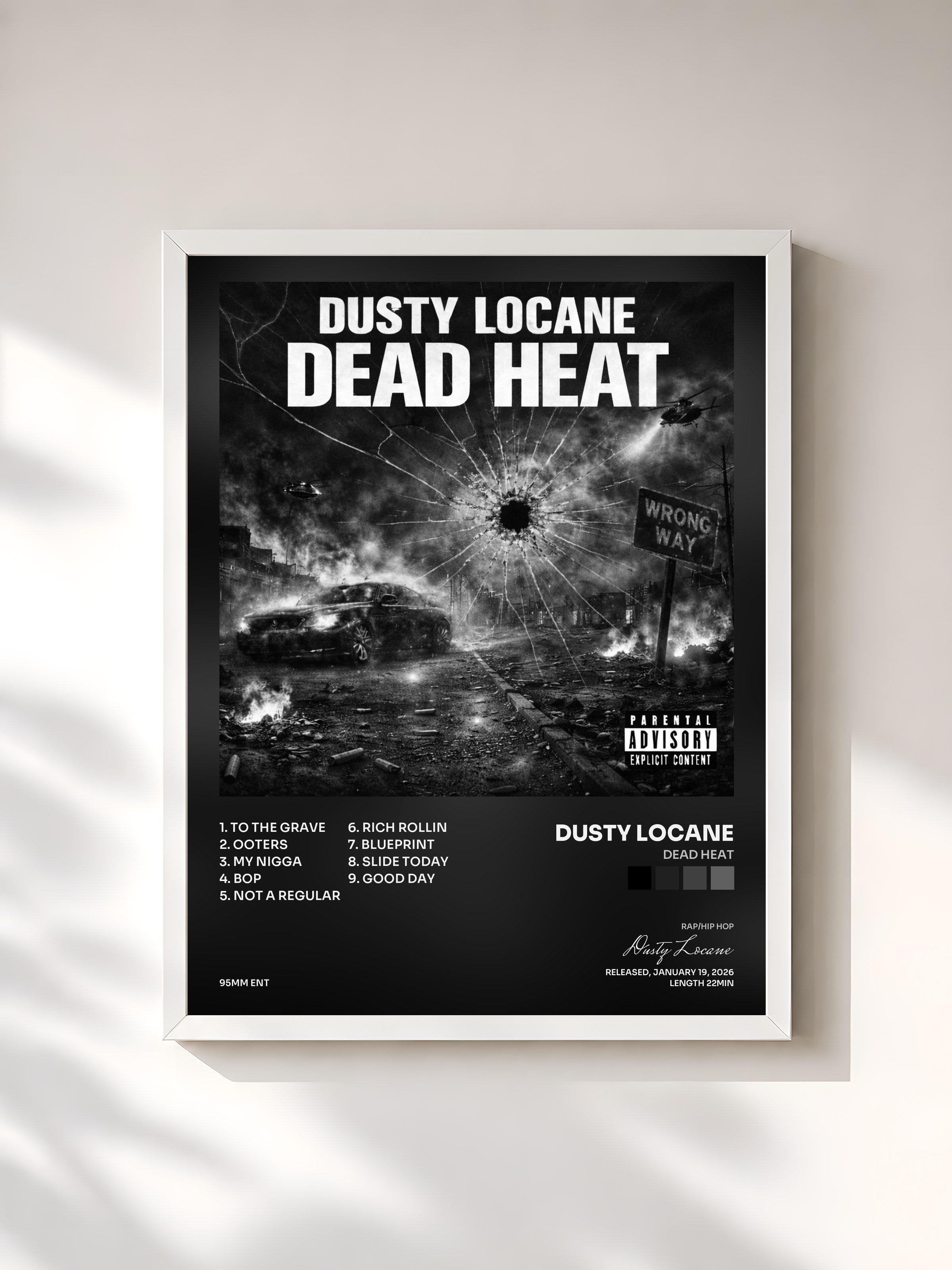 #blanc Tableau de l'album DEAD HEAT de Dusty Locane, cadre blanc, imprimé et encadré en France