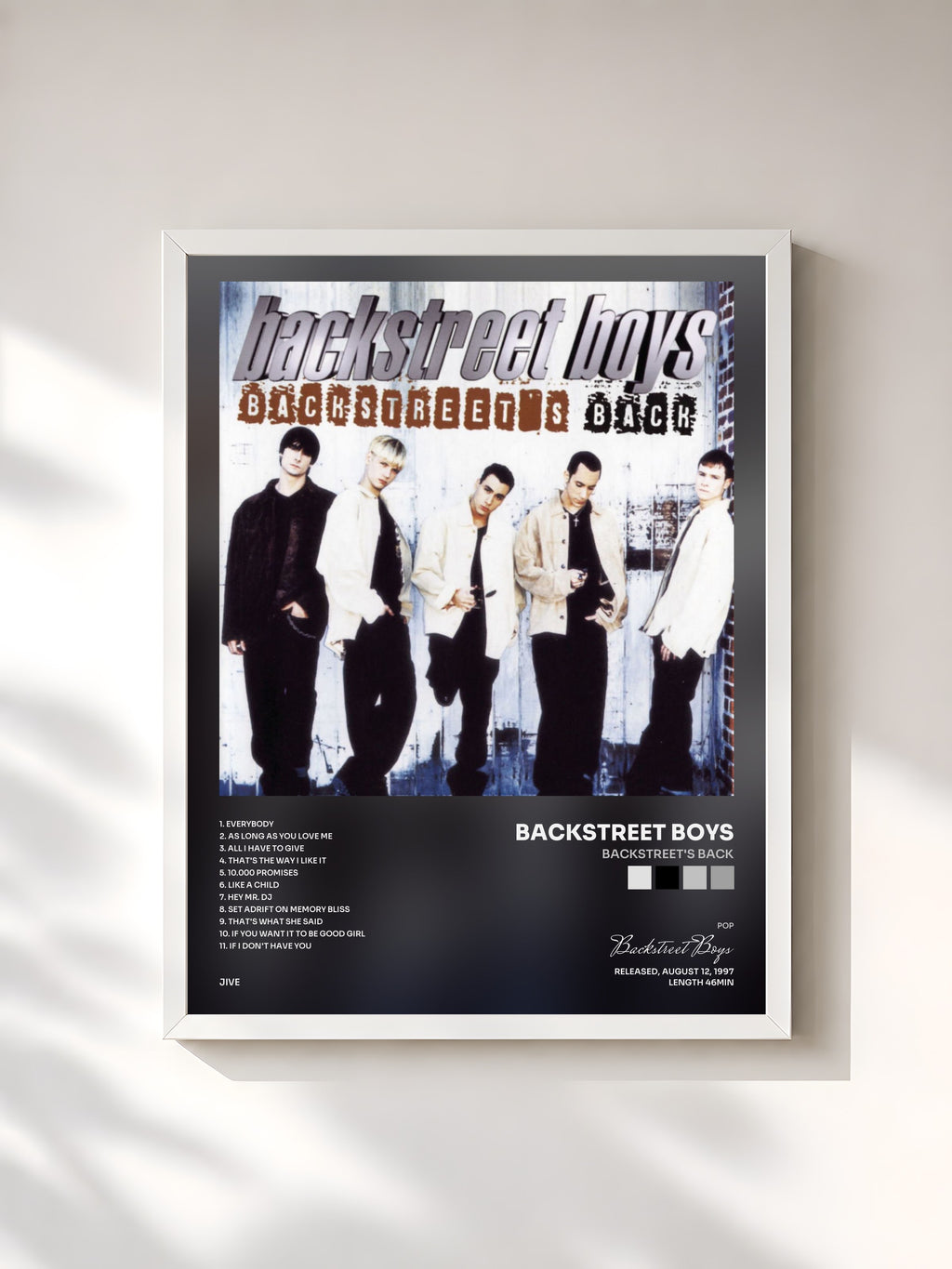 #blanc Tableau de l'album Backstreet's Back de Backstreet Boys, cadre blanc, imprimé et encadré en France