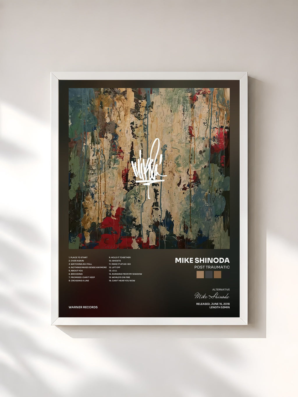 #blanc Tableau de l'album Post Traumatic de Mike Shinoda, cadre blanc, imprimé et encadré en France