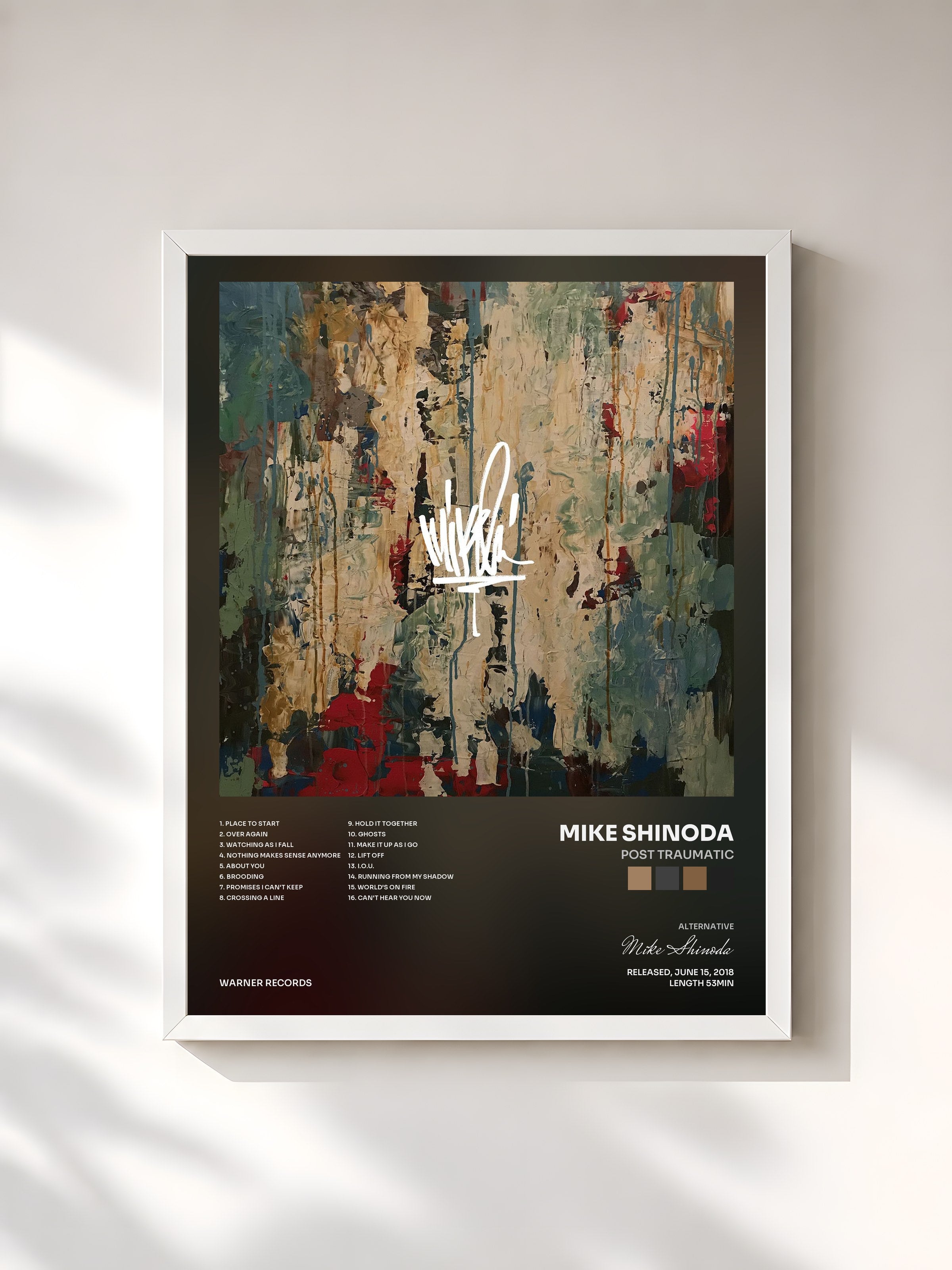 #blanc Tableau de l'album Post Traumatic de Mike Shinoda, cadre blanc, imprimé et encadré en France