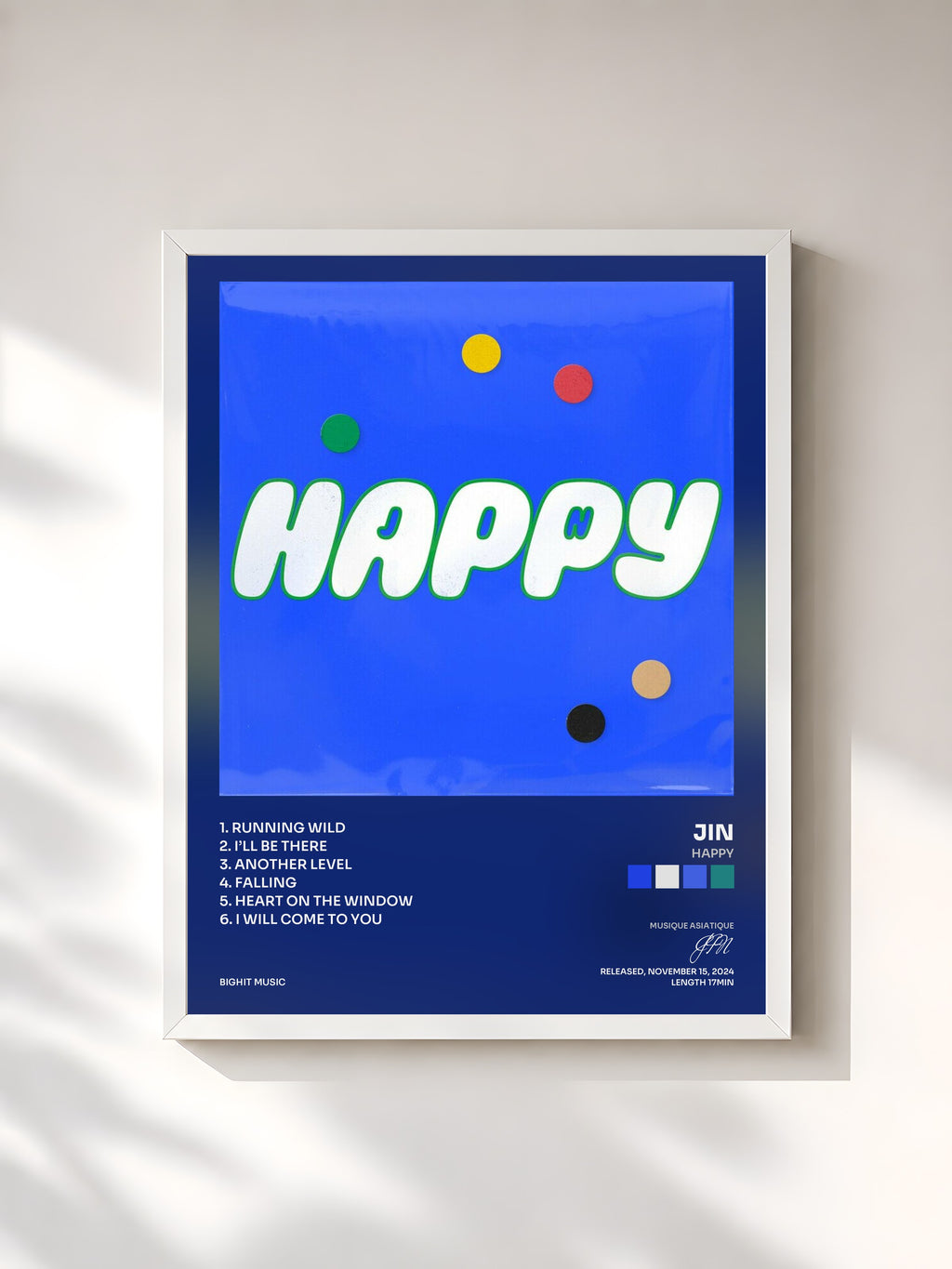 #blanc Tableau de l'album Happy de JIN, cadre blanc, imprimé et encadré en France