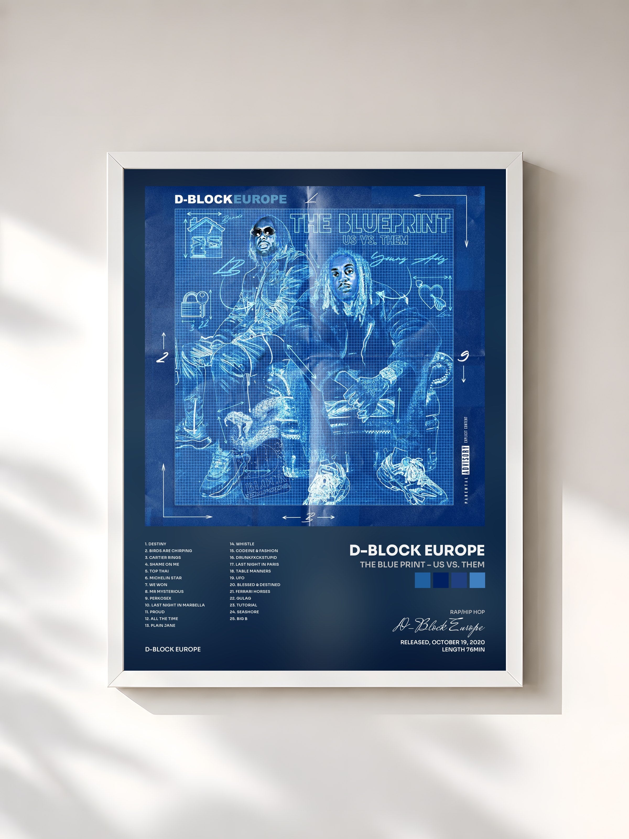 #blanc Tableau de l'album The Blue Print – Us Vs. Them de D-Block Europe, cadre blanc, imprimé et encadré en France