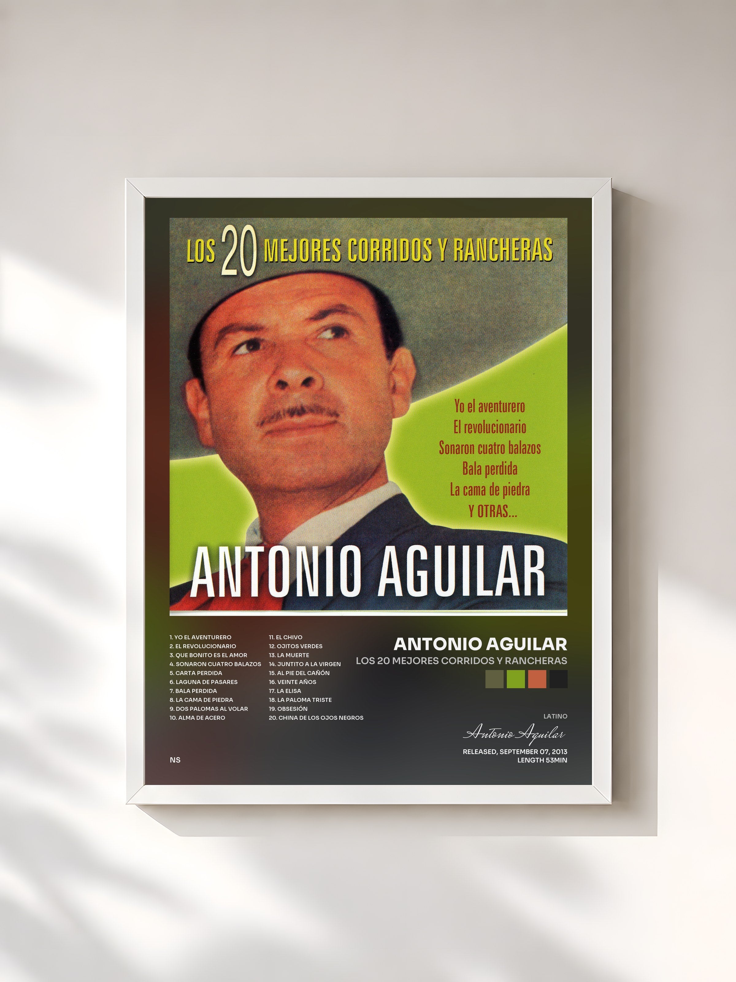 #blanc Tableau de l'album Los 20 Mejores Corridos y Rancheras de Antonio Aguilar, cadre blanc, imprimé et encadré en France