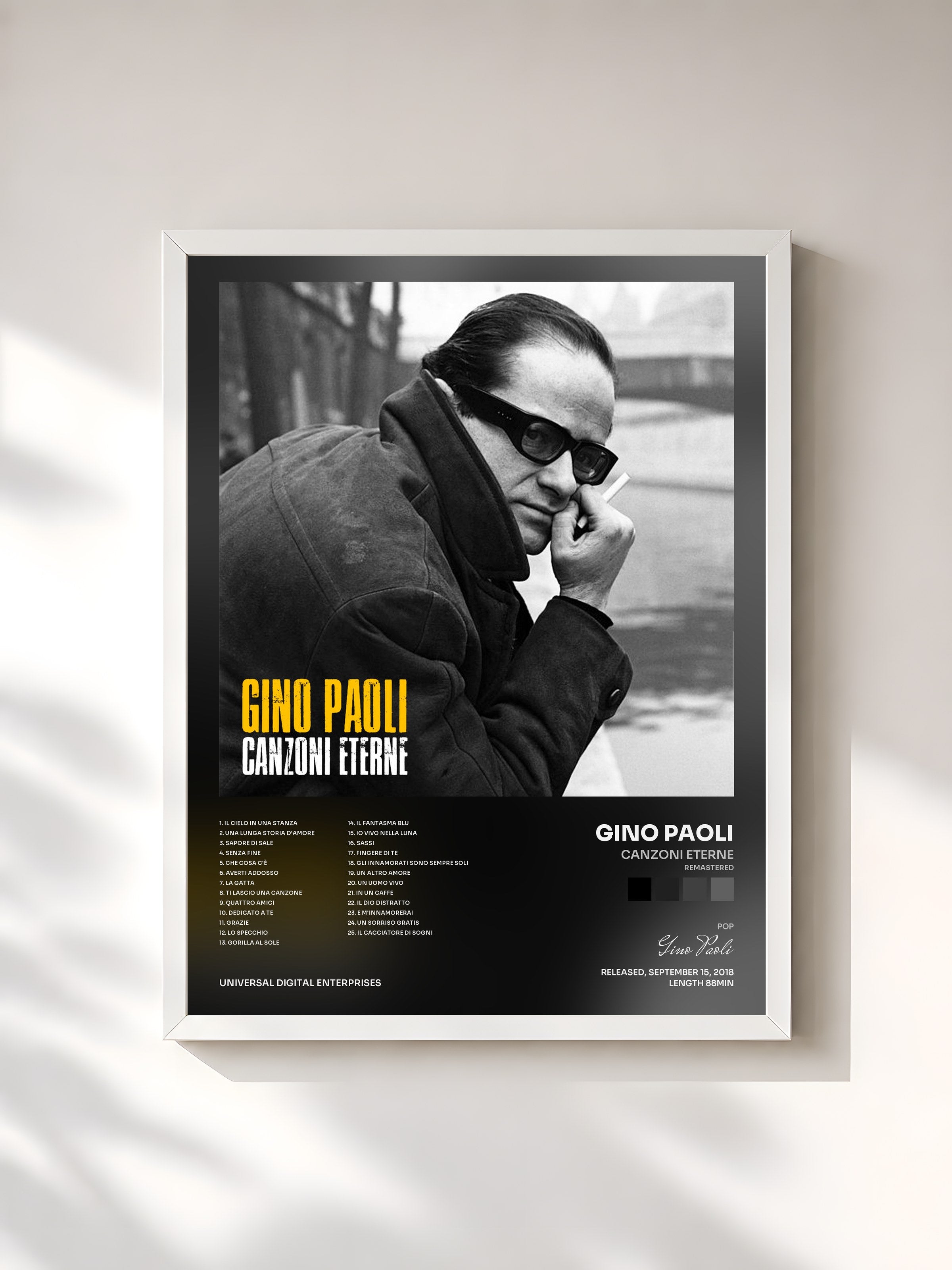 #blanc Tableau de l'album Canzoni Eterne (Remastered) de Gino Paoli, cadre blanc, imprimé et encadré en France