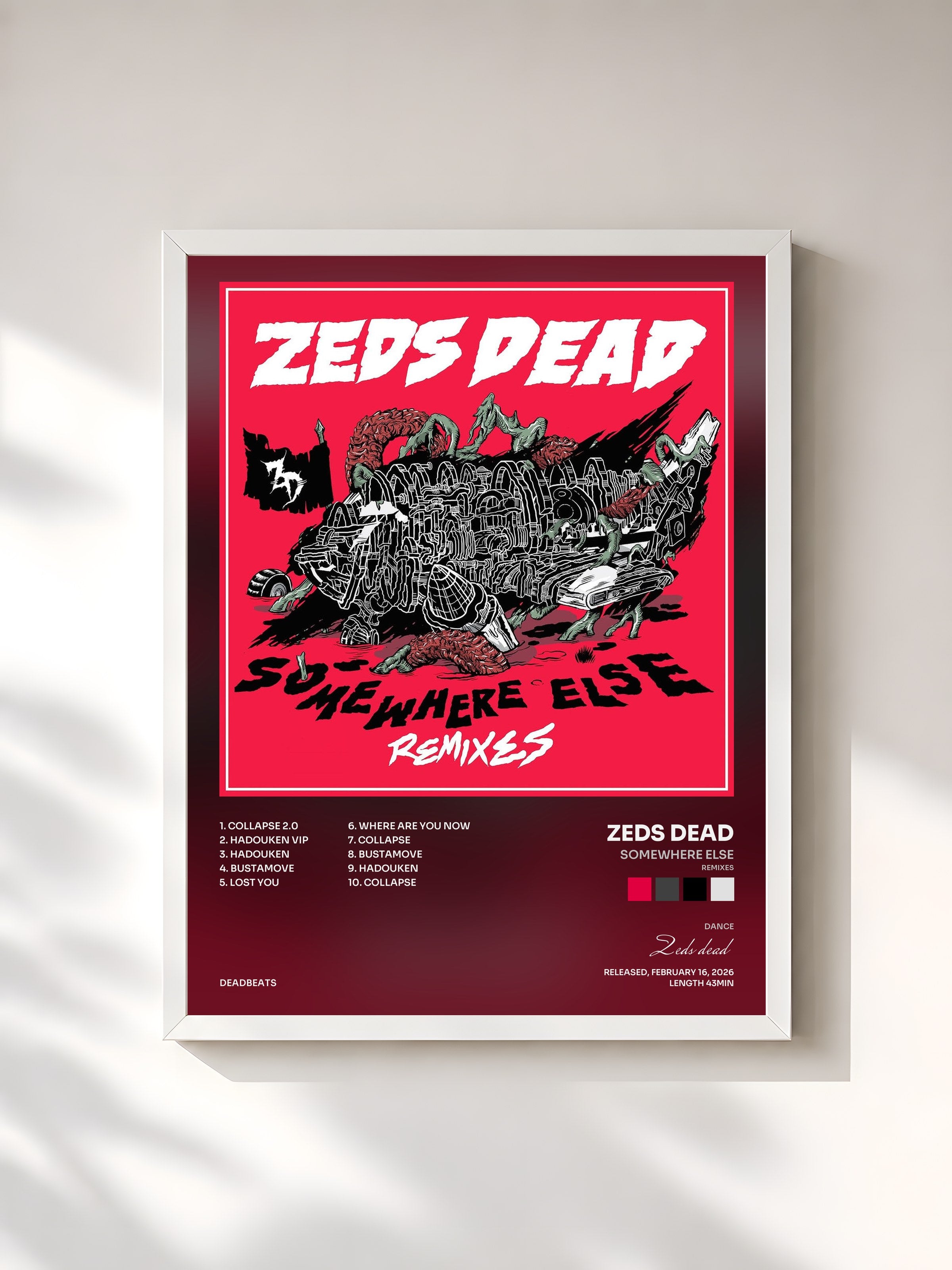 #blanc Tableau de l'album Somewhere Else (Remixes) de Zeds dead, cadre blanc, imprimé et encadré en France