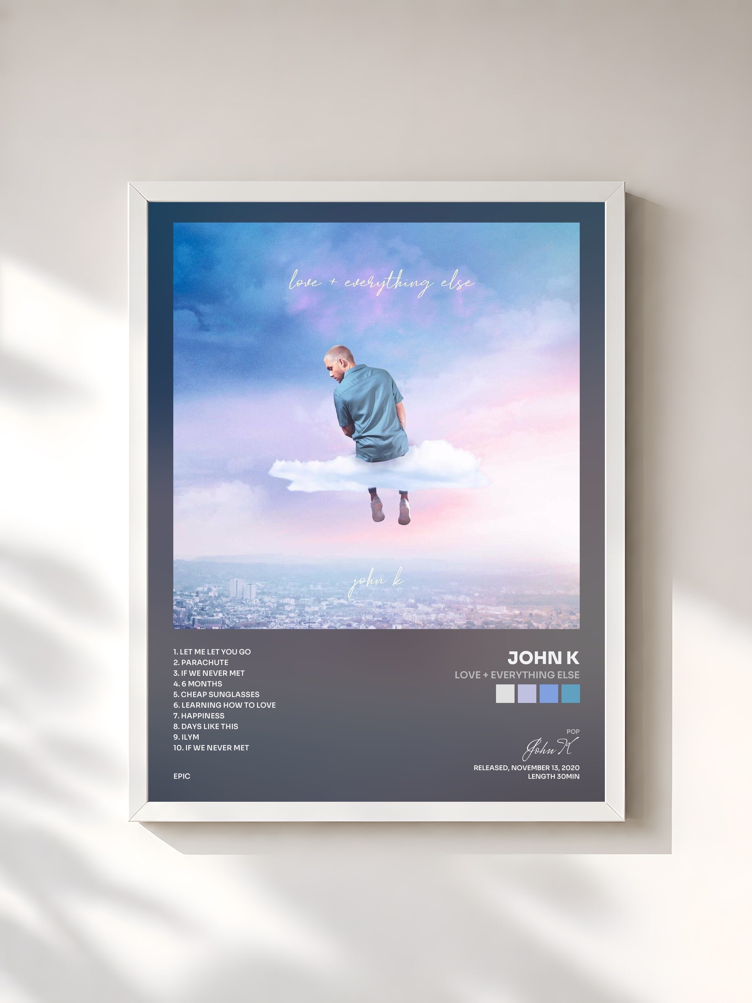 #blanc Tableau de l'album love + everything else de John K, cadre blanc, imprimé et encadré en France
