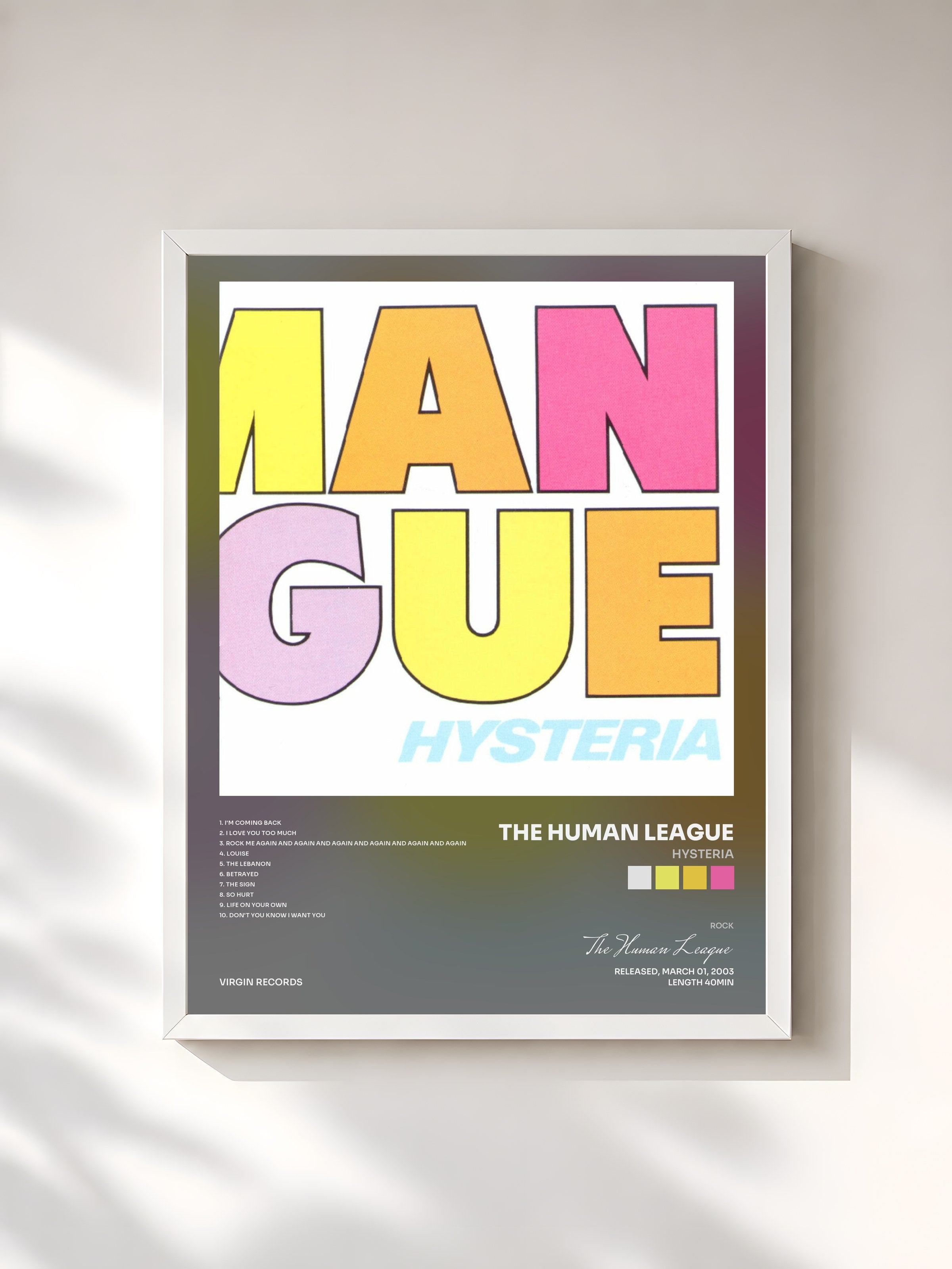 #blanc Tableau de l'album Hysteria de The Human League, cadre blanc, imprimé et encadré en France