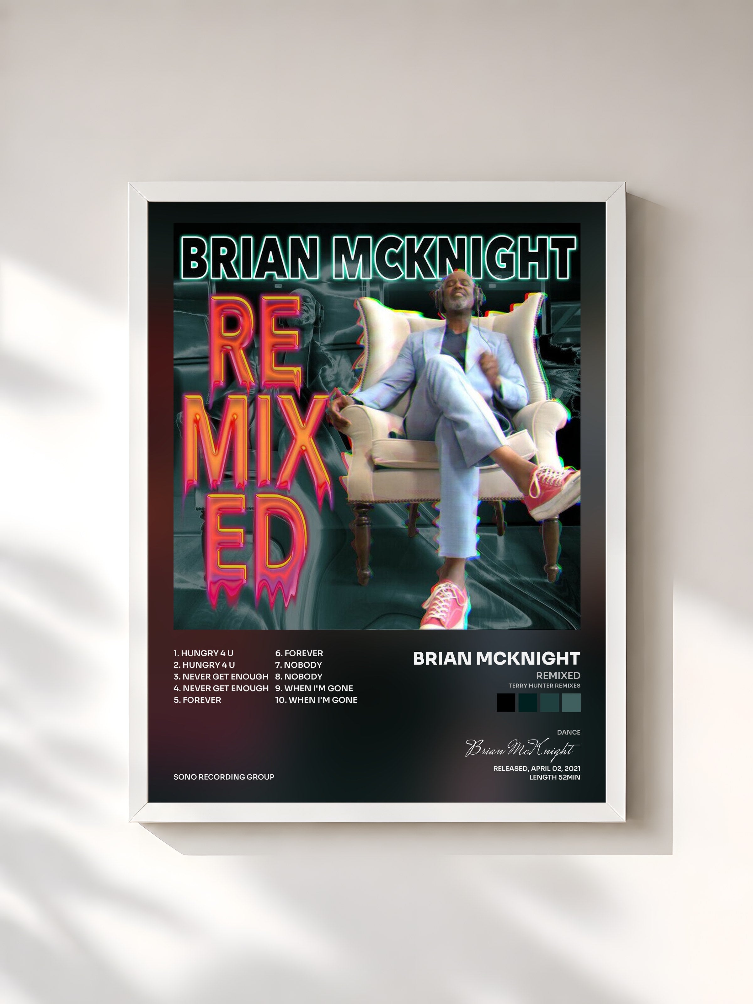 #blanc Tableau de l'album Remixed (Terry Hunter Remixes) de Brian McKnight, cadre blanc, imprimé et encadré en France