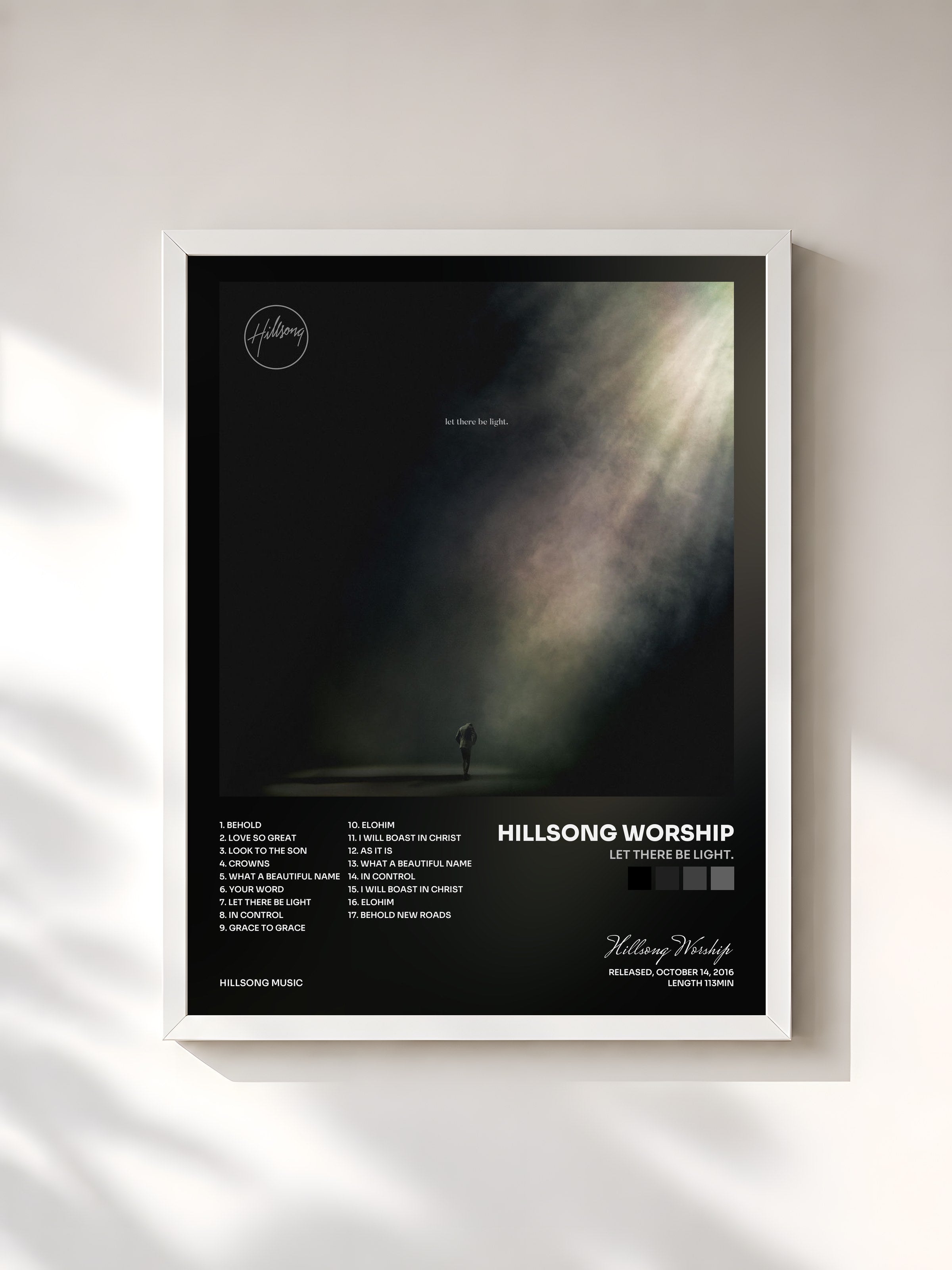 #blanc Tableau de l'album let there be light. de Hillsong Worship, cadre blanc, imprimé et encadré en France
