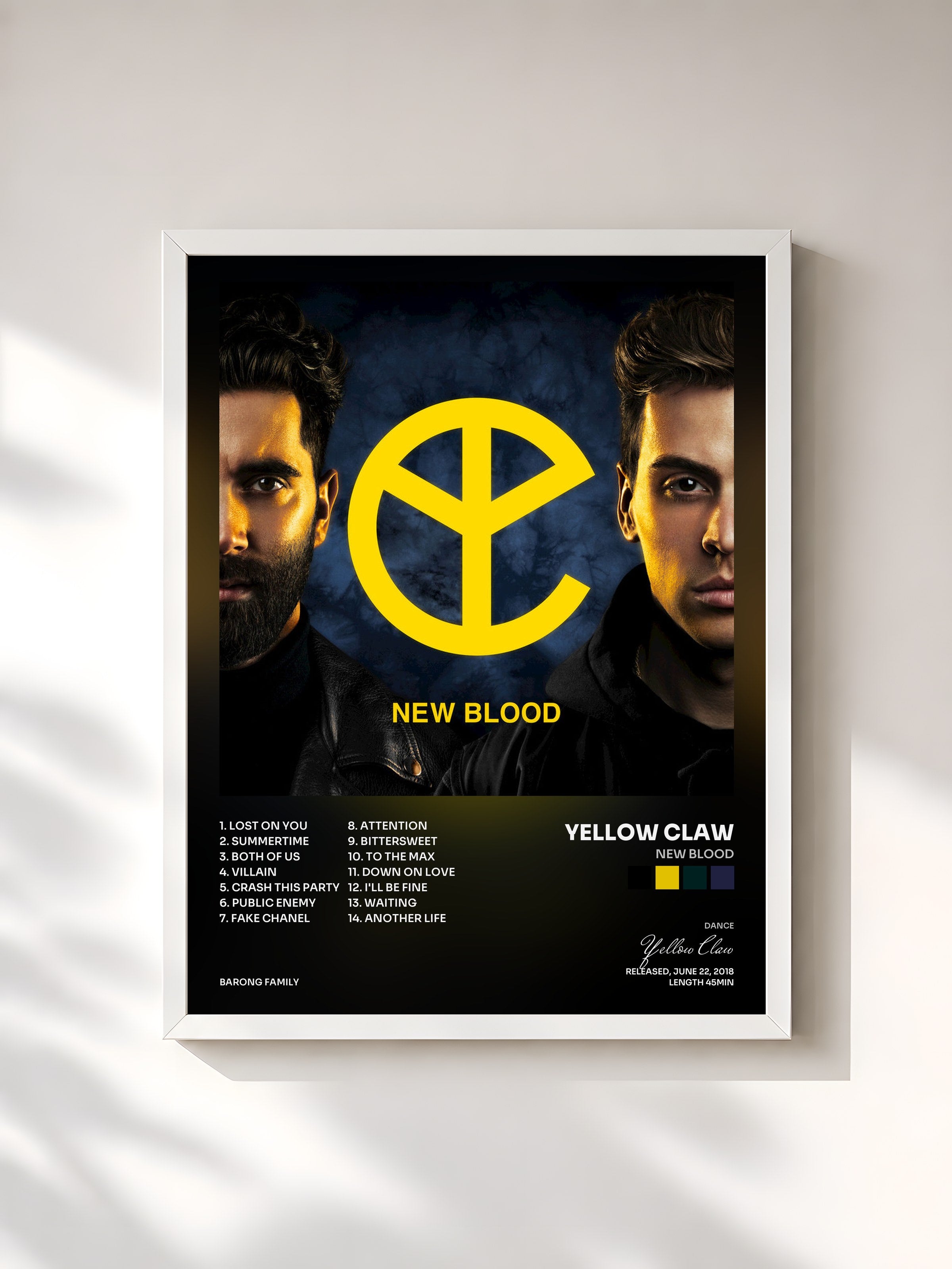 #blanc Tableau de l'album New Blood de Yellow Claw, cadre blanc, imprimé et encadré en France