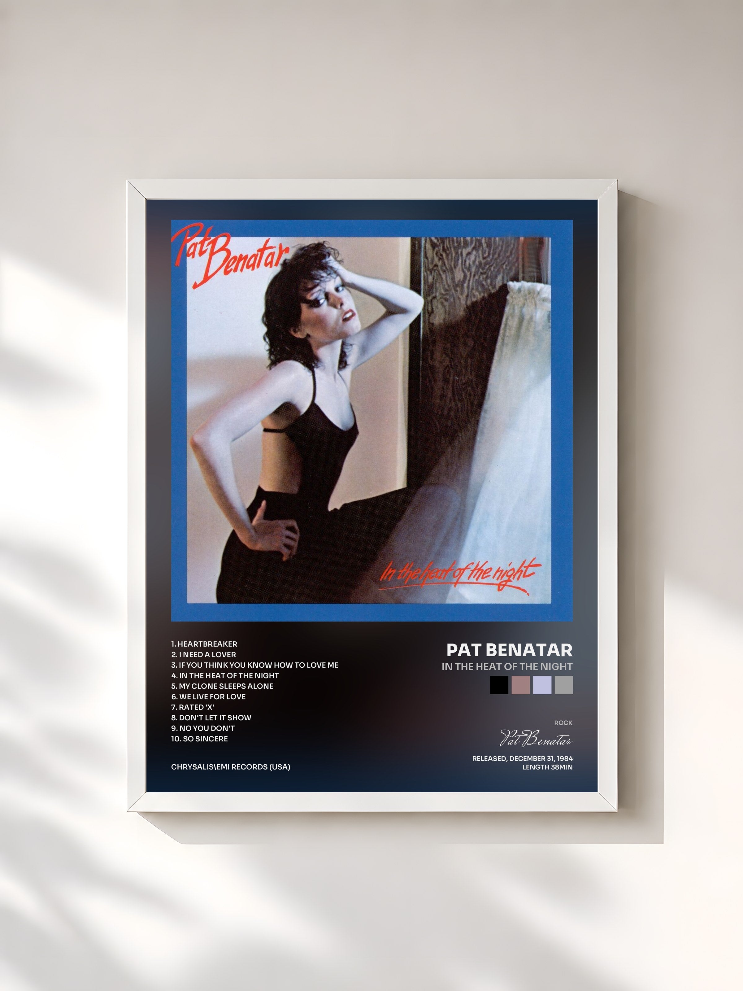 #blanc Tableau de l'album In The Heat Of The Night de Pat Benatar, cadre blanc, imprimé et encadré en France