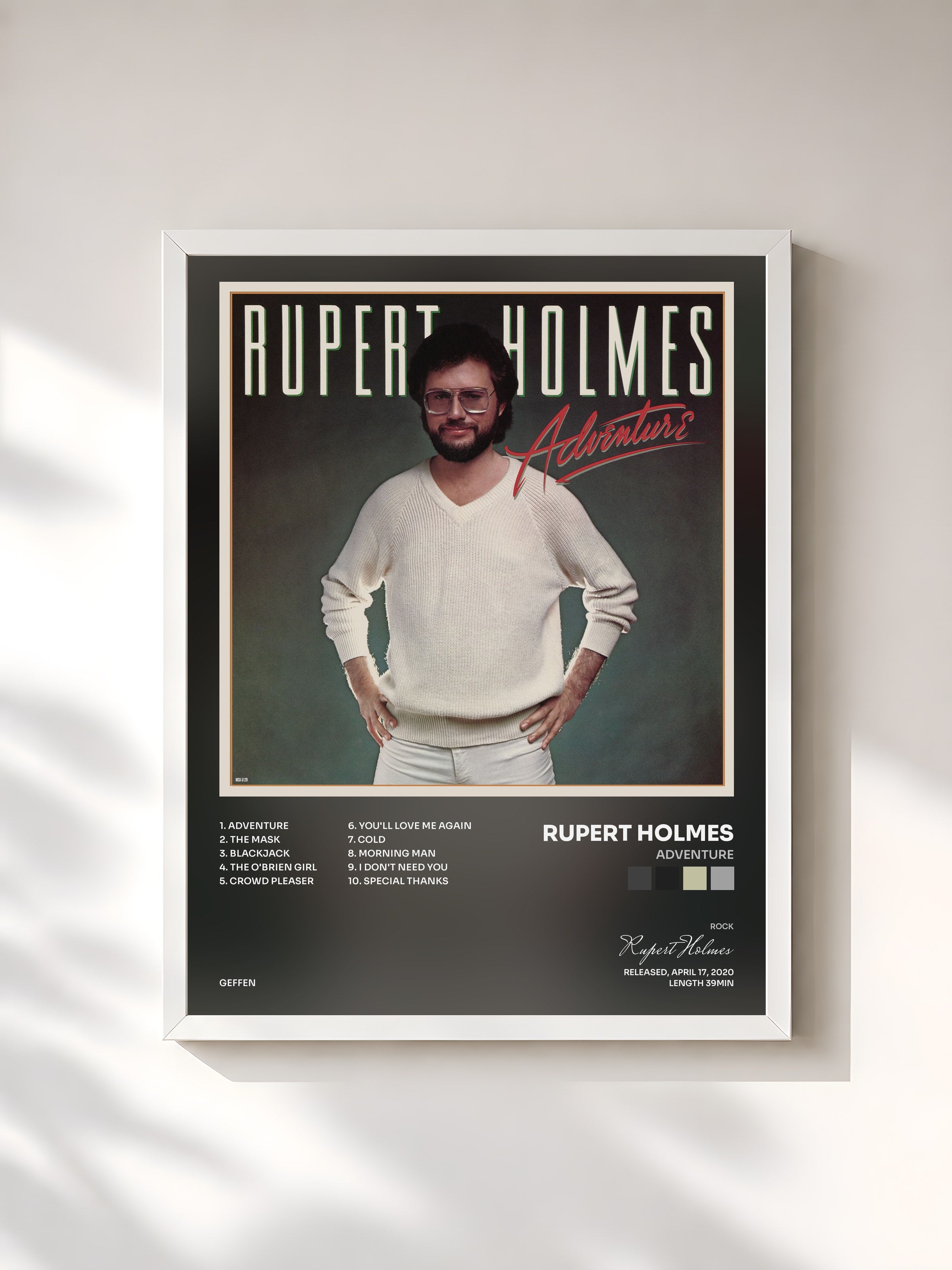 #blanc Tableau de l'album Adventure de Rupert Holmes, cadre blanc, imprimé et encadré en France