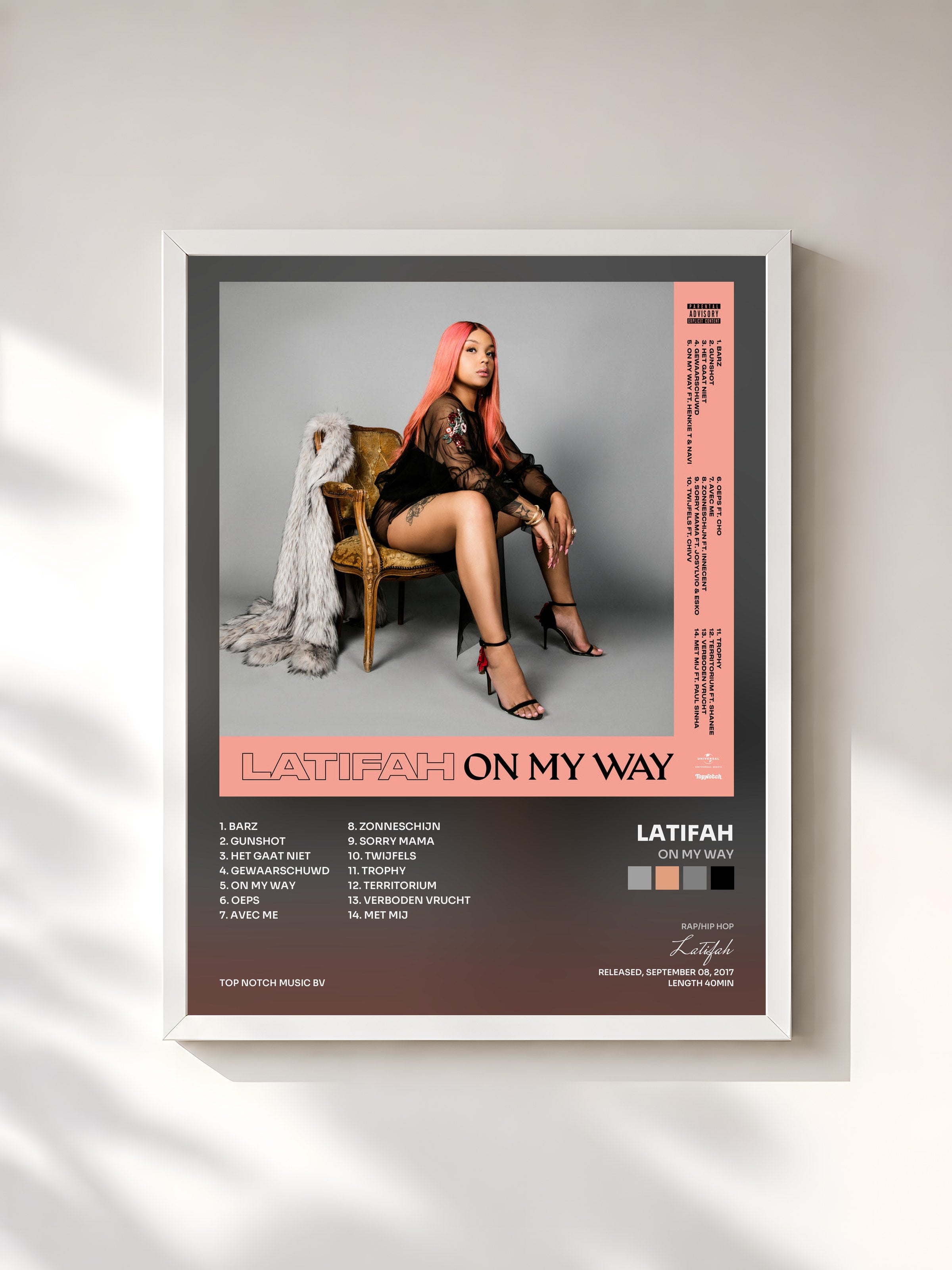 #blanc Tableau de l'album On My Way de Latifah, cadre blanc, imprimé et encadré en France
