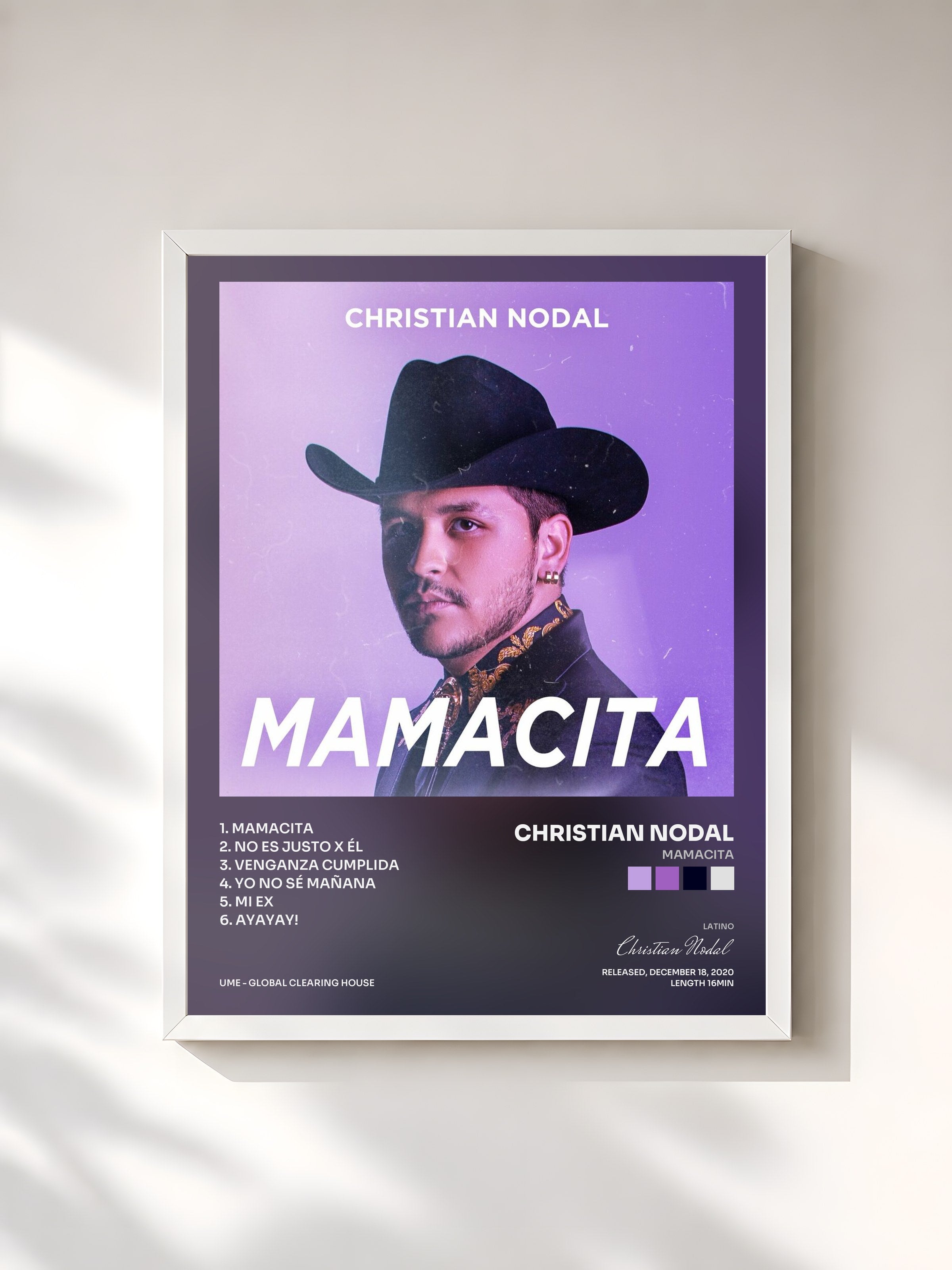 #blanc Tableau de l'album Mamacita de Christian Nodal, cadre blanc, imprimé et encadré en France