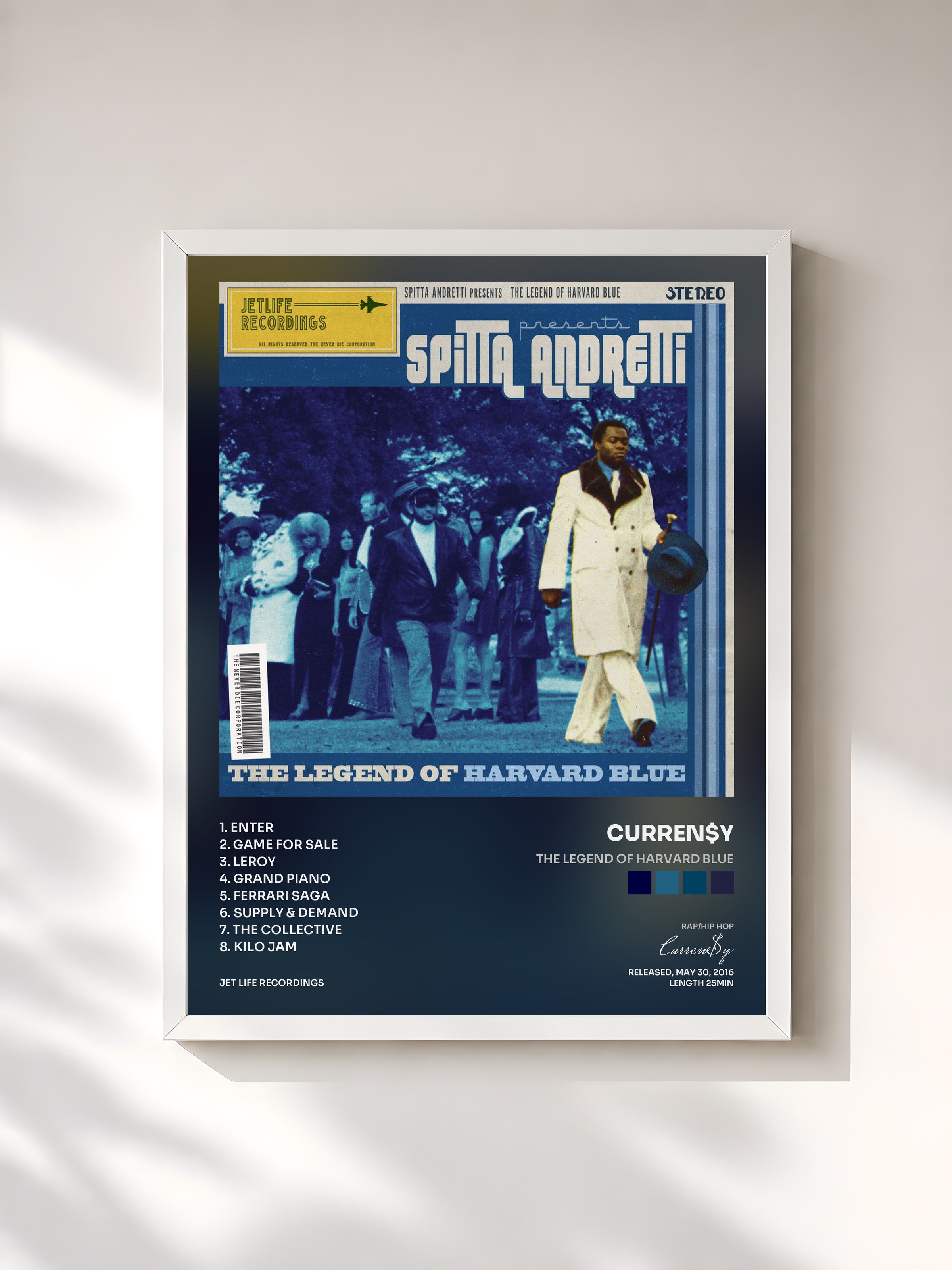 #blanc Tableau de l'album The Legend of Harvard Blue de Curren$y, cadre blanc, imprimé et encadré en France