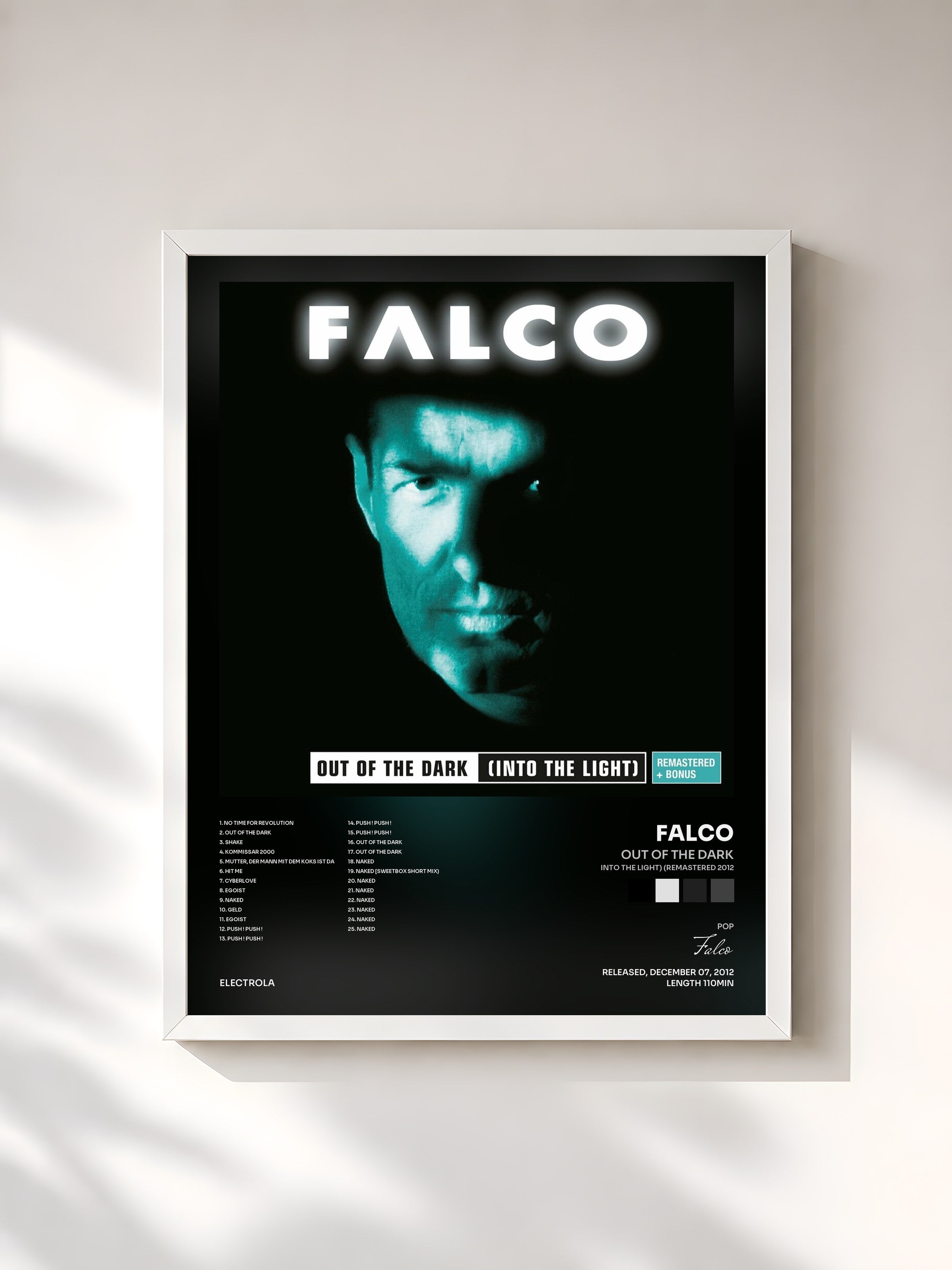 #blanc Tableau de l'album Out Of The Dark (Into The Light) (Remastered 2012) de Falco, cadre blanc, imprimé et encadré en France