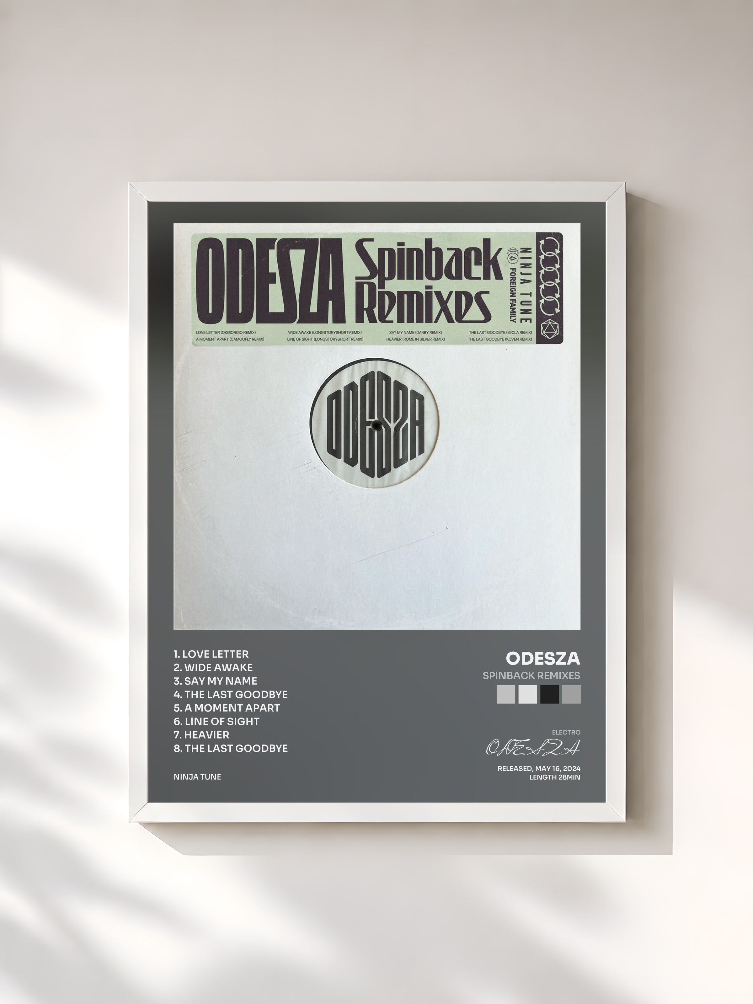 #blanc Tableau de l'album Spinback Remixes de ODESZA, cadre blanc, imprimé et encadré en France
