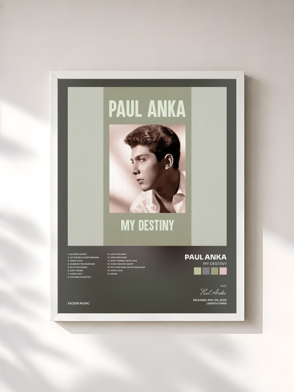 #blanc Tableau de l'album My Destiny de Paul Anka, cadre blanc, imprimé et encadré en France